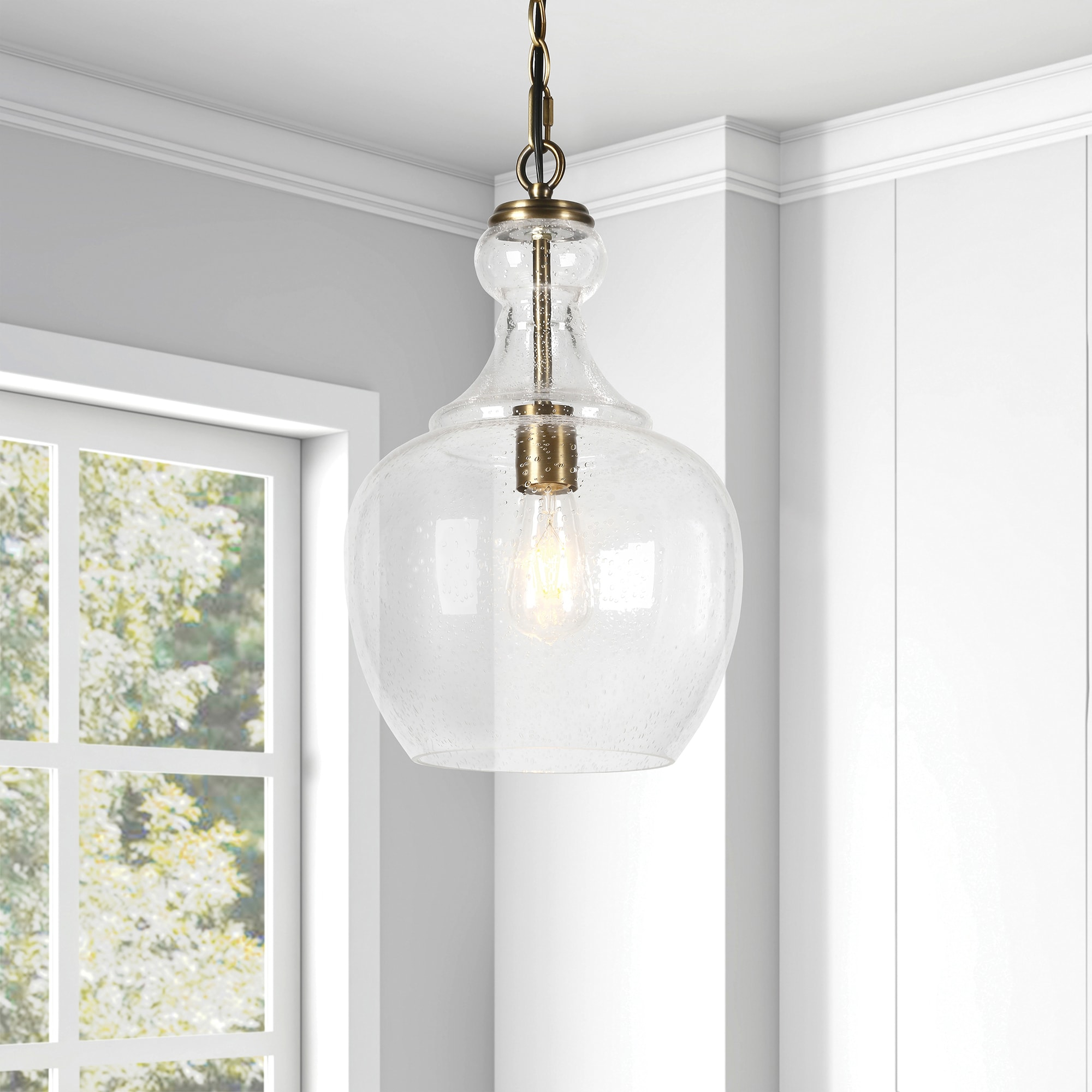 Henn&Hart 11" Wide Pendant with Glass Shade in Brass/Seeded, Pendant, Flush Mount Ceiling Light Fixture for Kitchen, Living Room