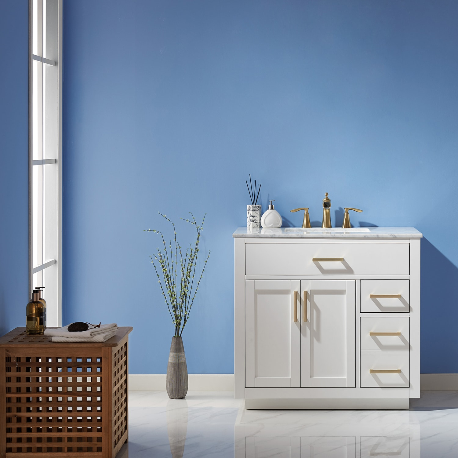 Ivy 36" Marble Countertop Single Vanity w/o Mirror White