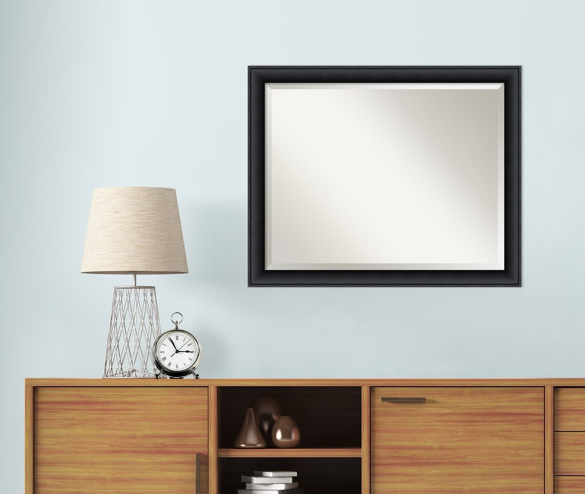 Amanti Art Beveled Wood Bathroom Wall Mirror - Nero Black Frame Outer Size: 19 x 23 in