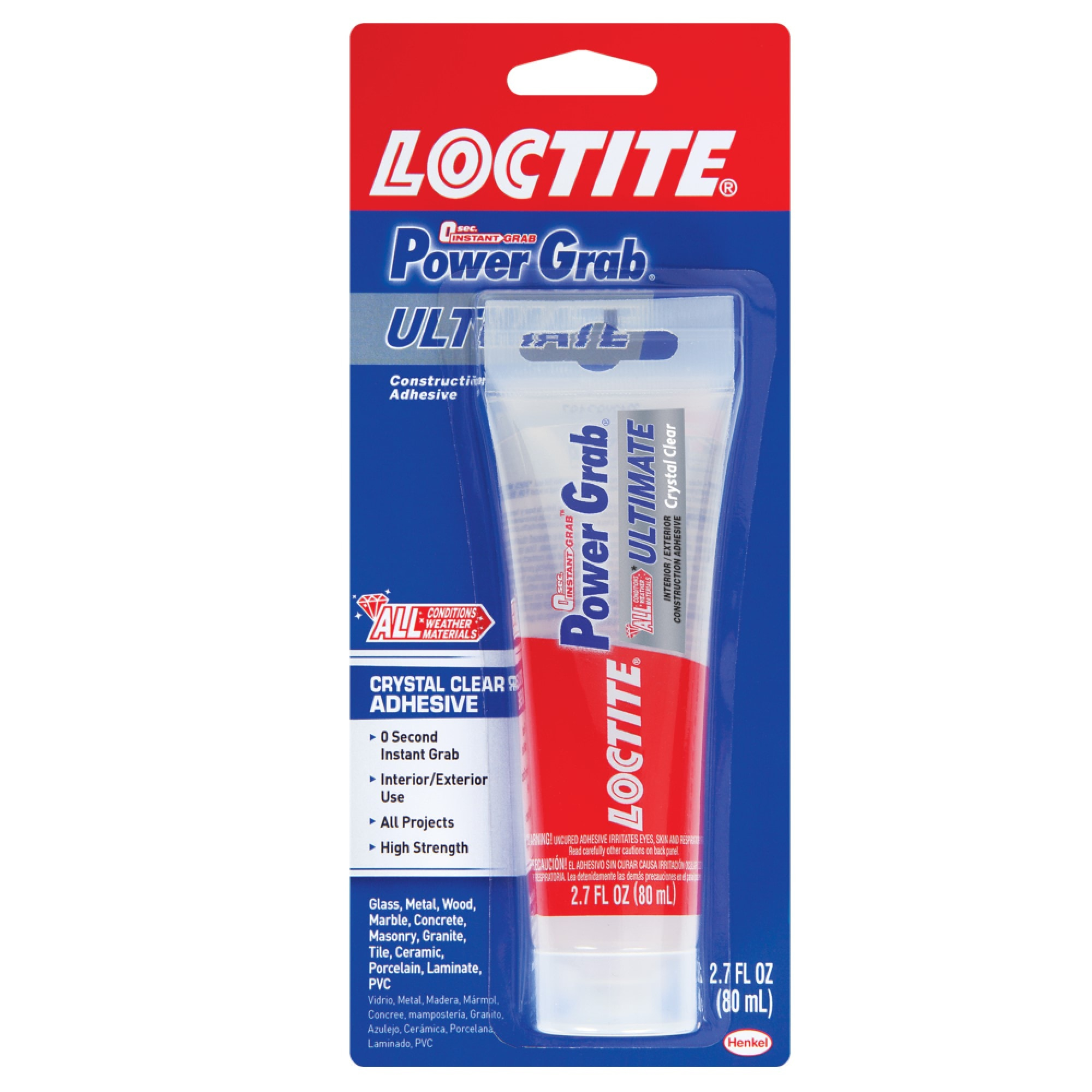 Loctite Power Grab Construction Adhesive Ultimate Crystal Clear, Pack of 1, Clear 2.7 fl oz Tube