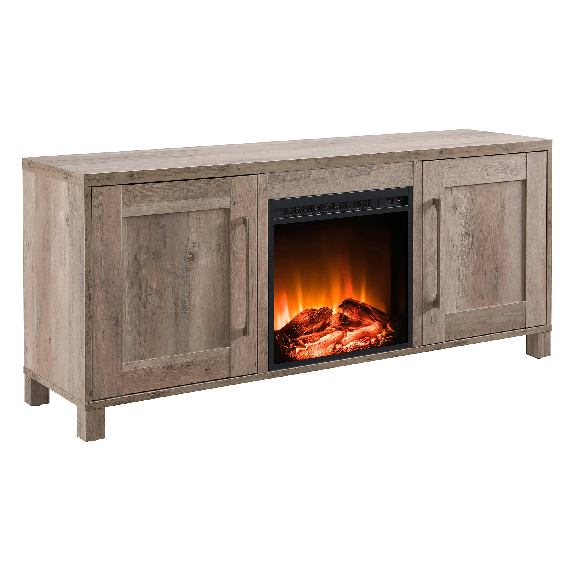 Evelyn&Zoe Chabot Rectangular TV Stand with Log Fireplace for TV's up to 65", Gray Oak