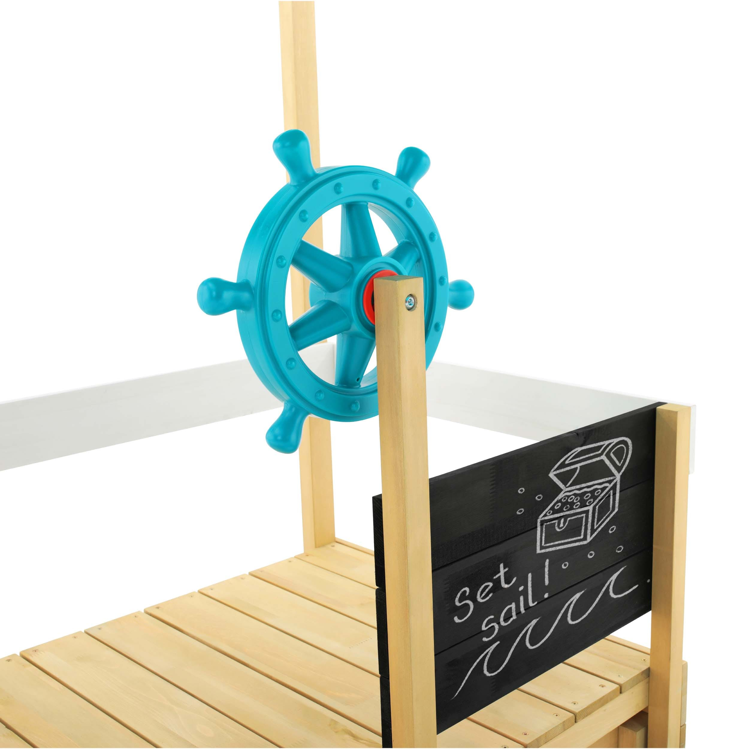 TP Ahoy Wooden Sandbox Pirate Ship Play Boat with Canopy – Kids Outdoor Sand & Water Toy with Captain’s Wheel, Blackboard, Splash Bowl & Storage | FSC Certified | Compact & Space-Saving Design