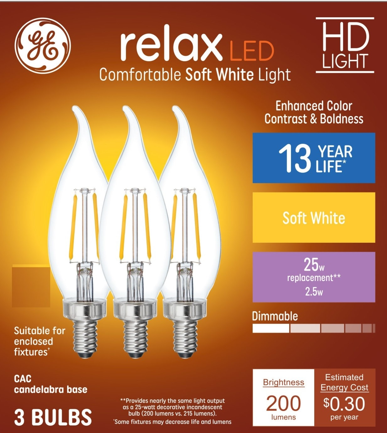 GE Relax HD 25 -Watt EQ CAC Soft white Candelabra base (E-12) Dimmable LED Decorative Light Bulb 3 -Pack