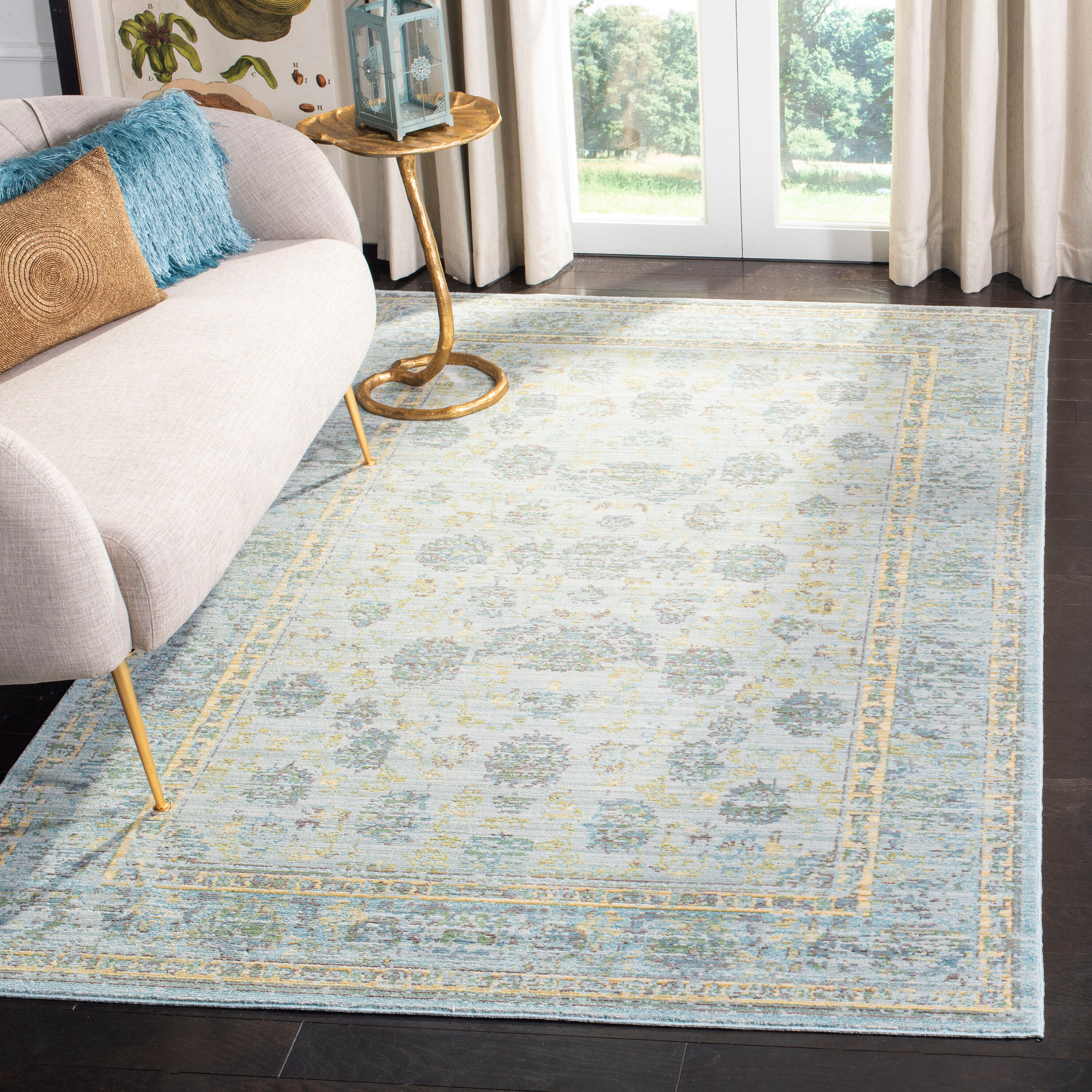 SAFAVIEH Valencia Cionadogh Floral Bordered Polyester Area Rug, Light Blue/Turquoise, 4' x 6'