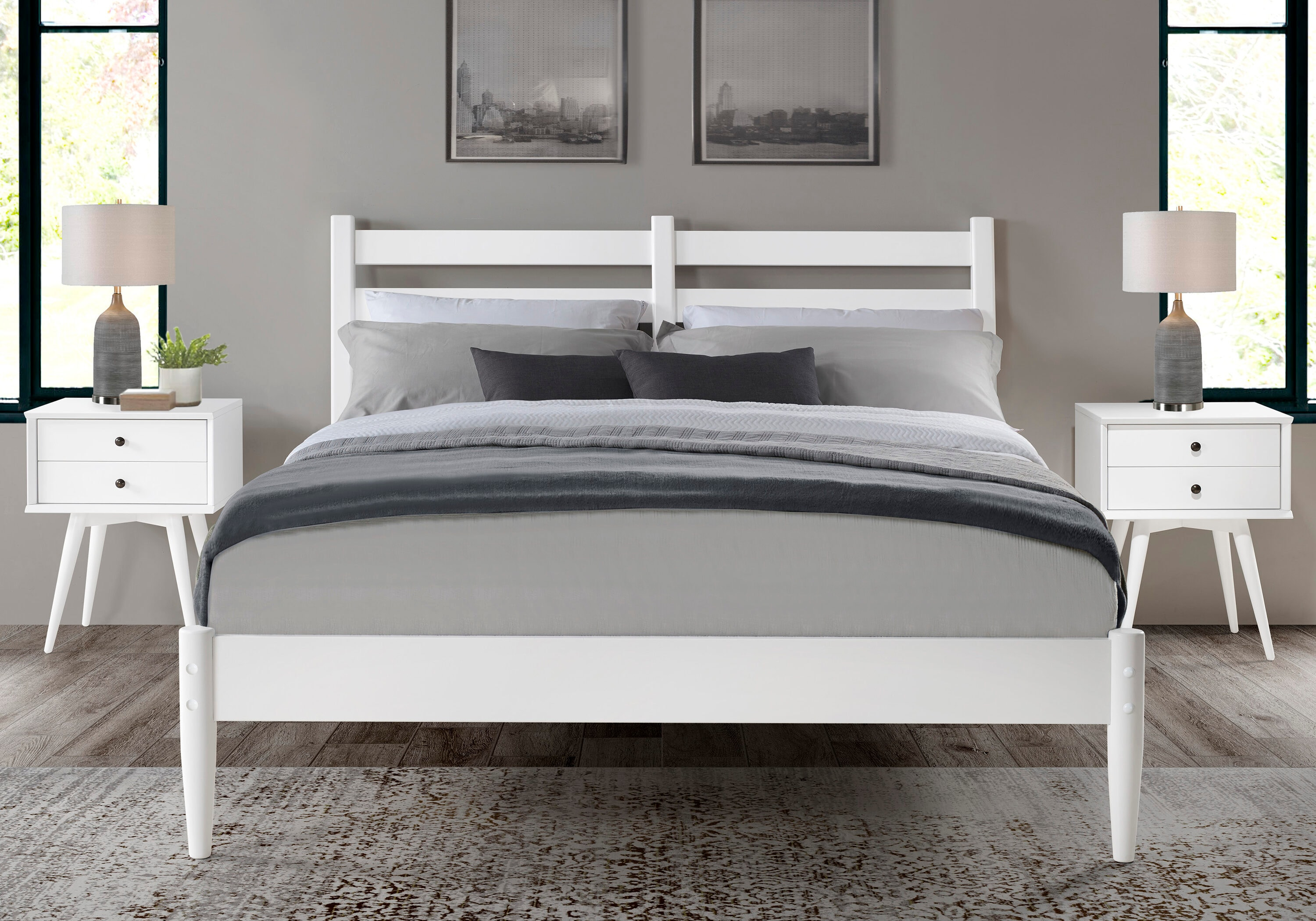 Camaflexi Mid Century Slat Bed Solid Wood Bed Frame with Headboard, King, White