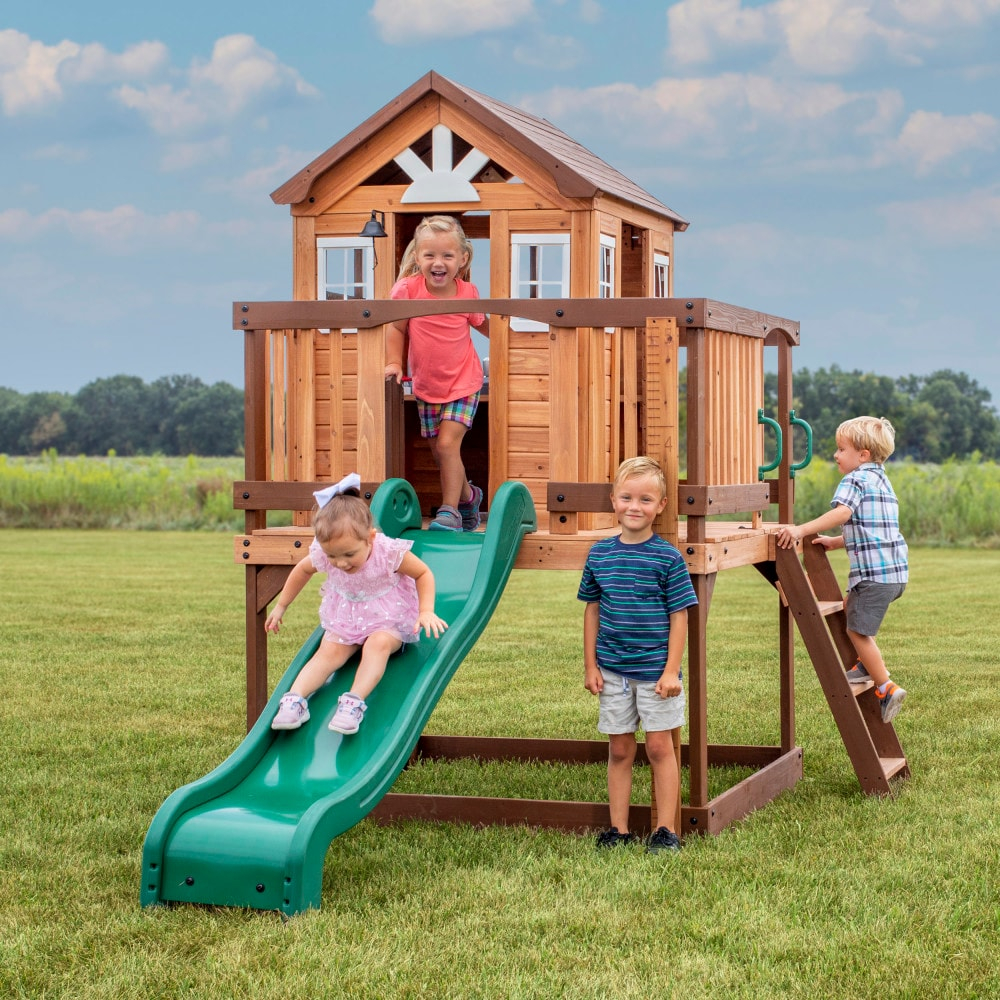 Backyard Discovery Echo Heights Cedar Wooden Elevated Playhouse, Slide, Play Kitchen
