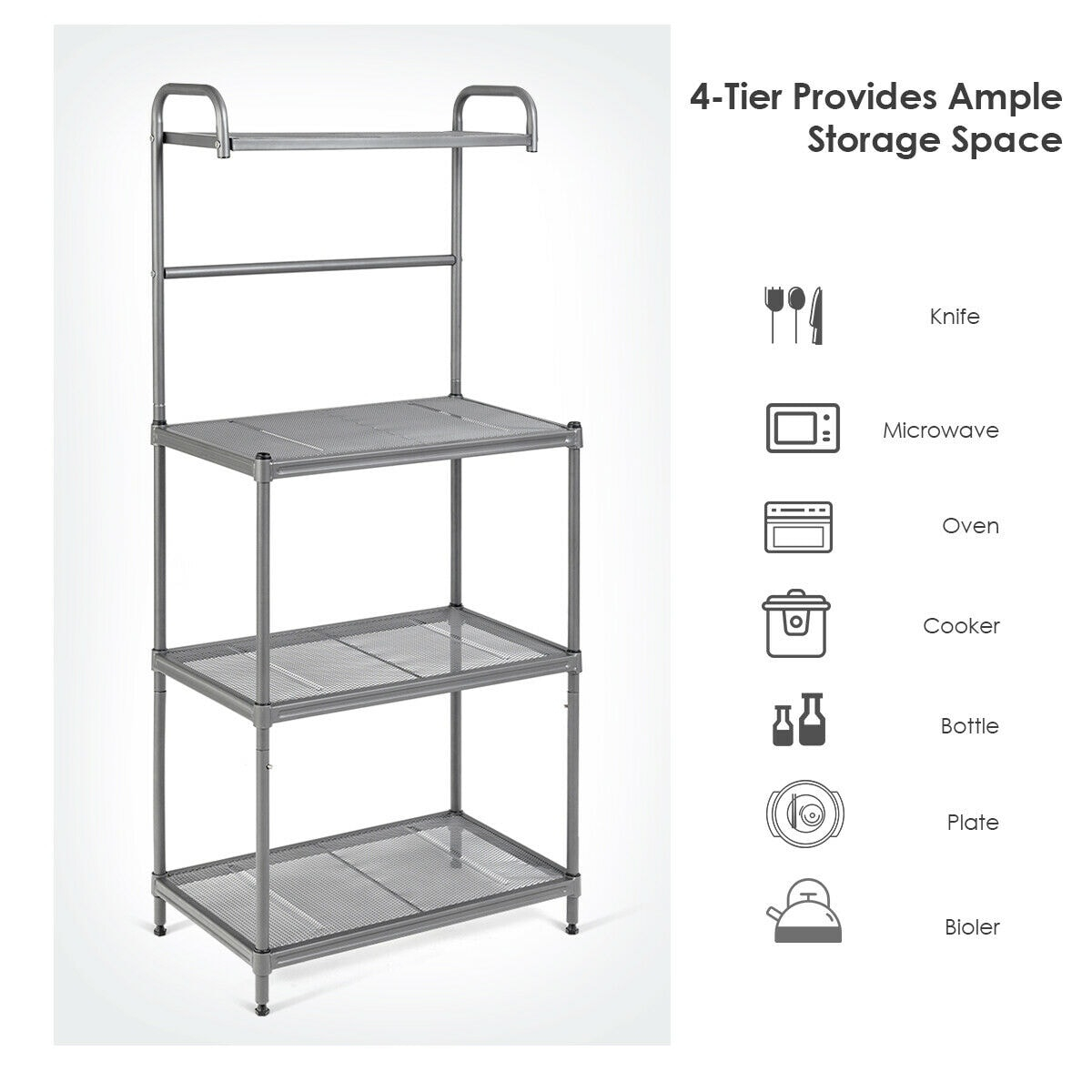 Costway 4-Tier Baker's Rack Microwave Oven Stand Shelves Kitchen Storage Rack Organizer Grey