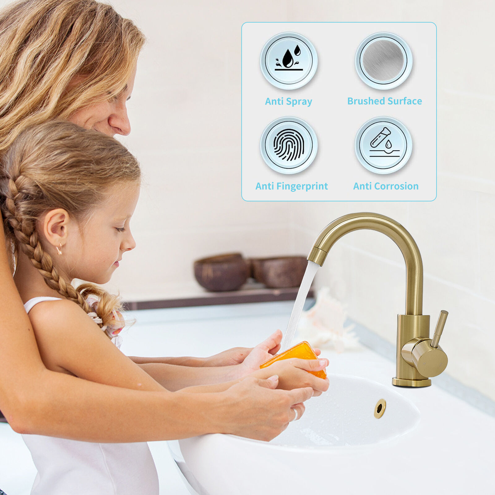Brushed Gold Stainless Steel Single Handle Bathroom Faucet