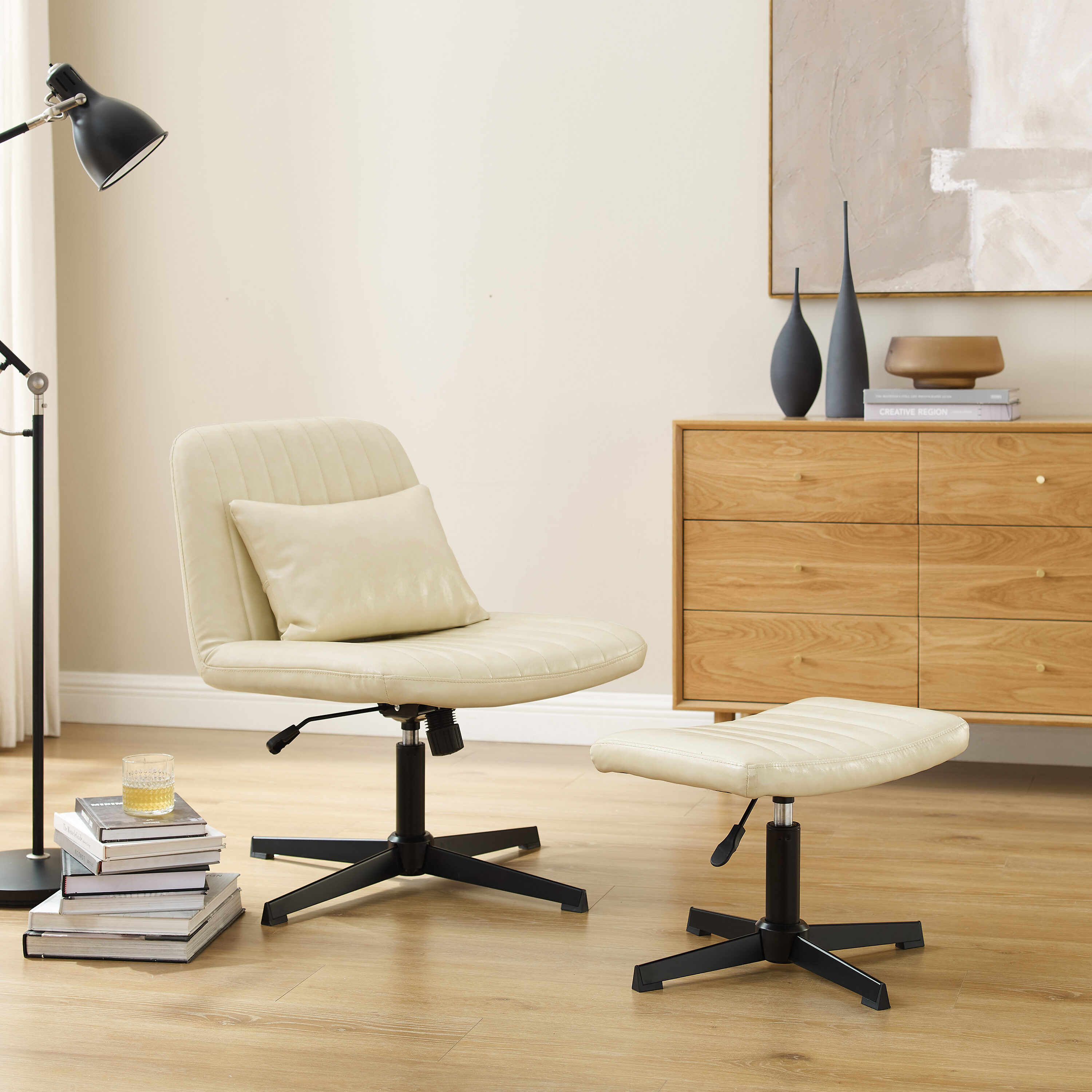 Art Leon Accent Chair with Ottoman,360 Degree Swivel Reading Chair for Bedroom Livingroom, Faux Leather Height Adjustable, Off-White