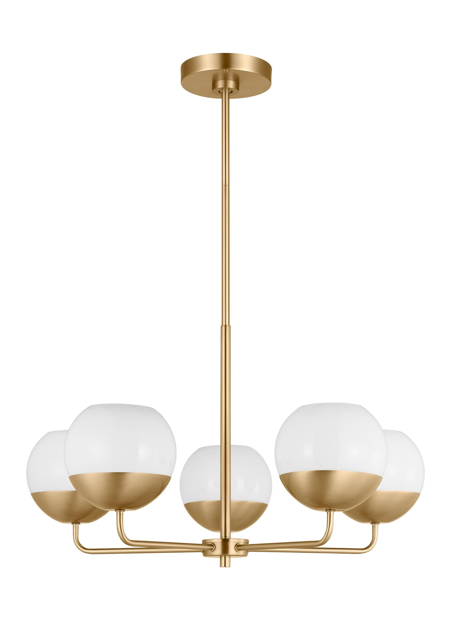 Alvin Satin Brass Midcentury 5-Light Chandelier with Milk Glass Shades