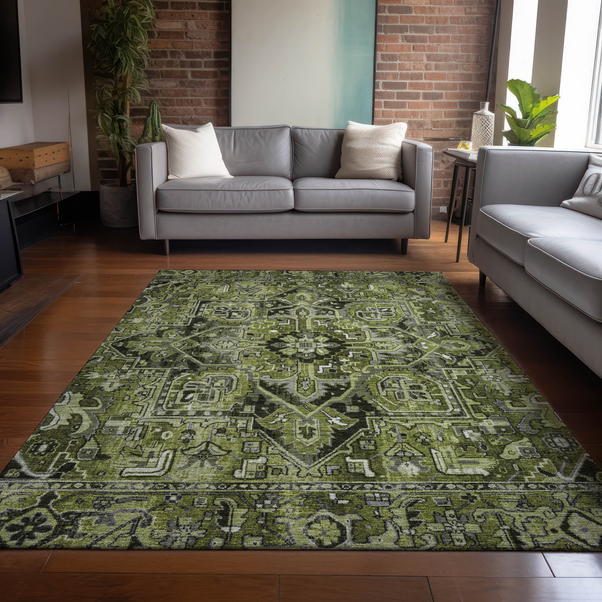 Olive Rectangular Synthetic Oriental 10' x 14' Washable Area Rug