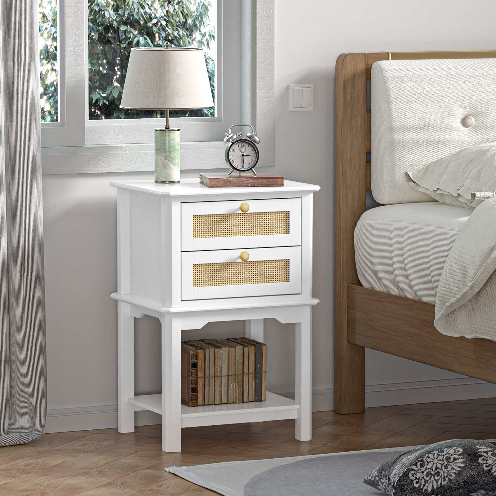 Giluta White Night Stand, 27.95'' H Wood Bedside Table with 2 Drawers, Natural Rattan Nightstand, Farmhouse End Side Table, Night Stand Cabinet for Bedroom