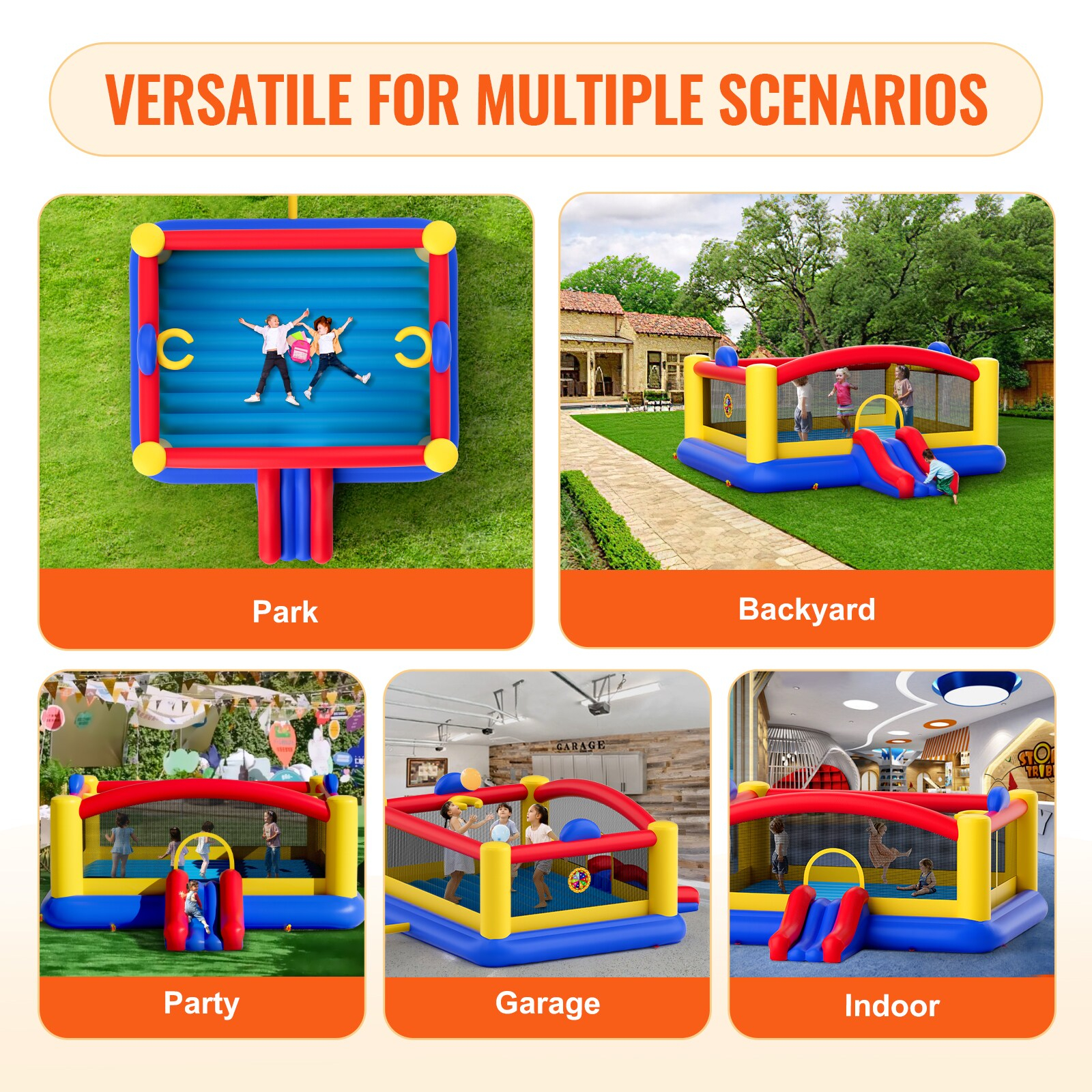 Large Multicolor Inflatable Bounce House with Slide and Basketball Hoop