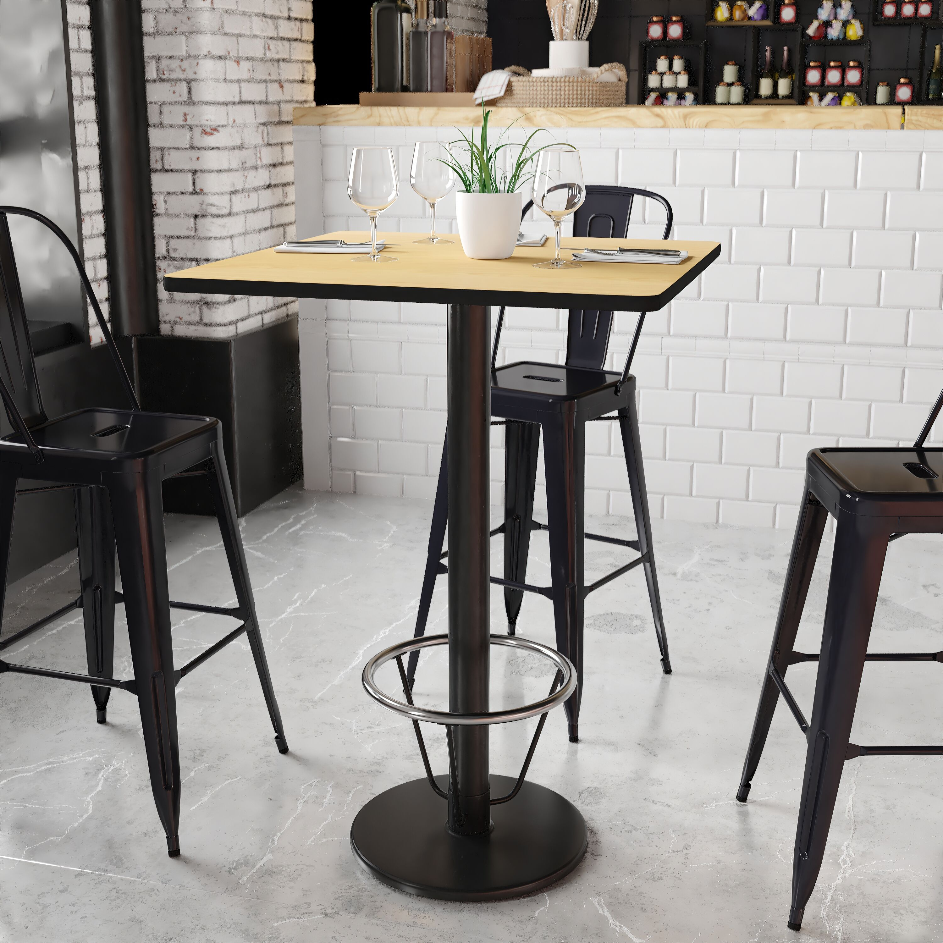 Flash Furniture 30'' Square Natural Laminate Table Top with 18'' Round Bar Height Table Base and Foot Ring