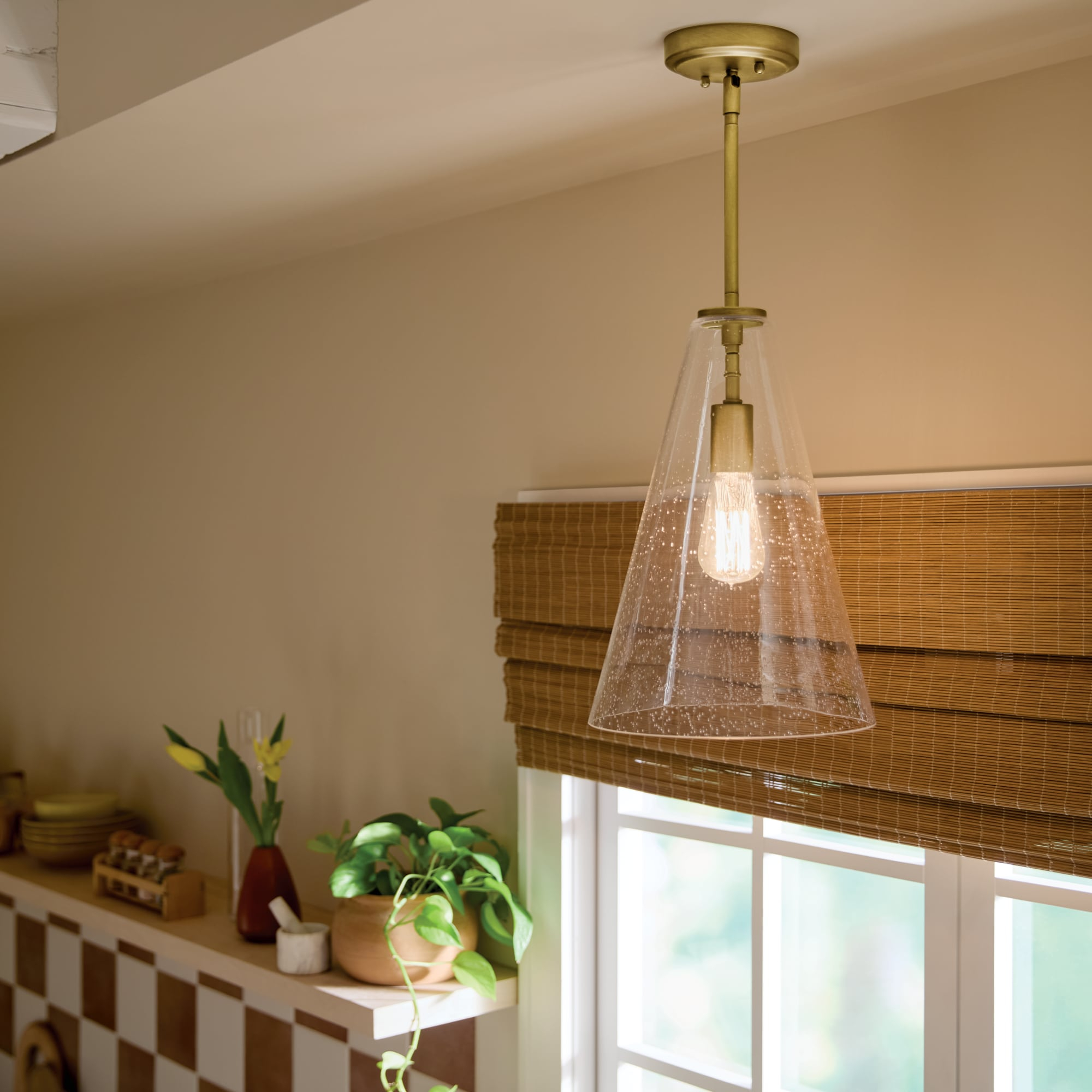 Natural Brass Mini Pendant with Clear Seeded Glass Shade