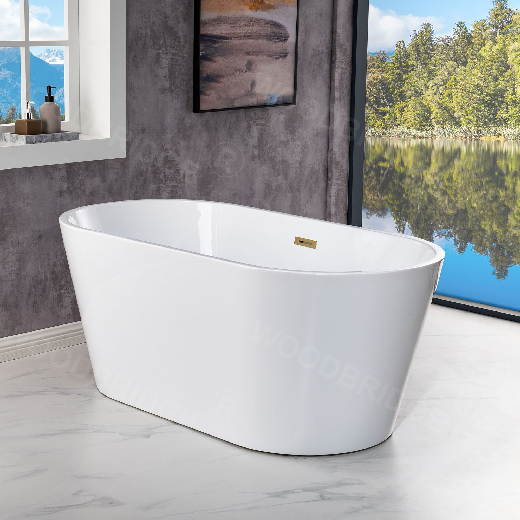 WOODBRIDGE 54" Acrylic Freestanding Bathtub Contemporary Soaking White Tub with Brushed Gold Overflow and Drain,B1702-BG