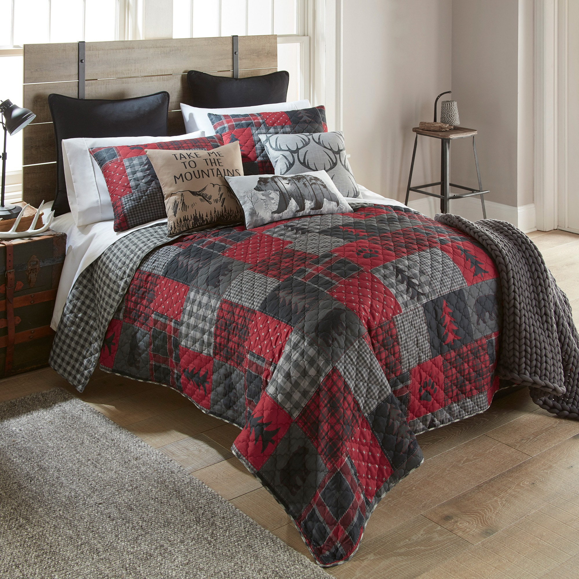Red and Gray Reversible Twin Microfiber Quilt Set