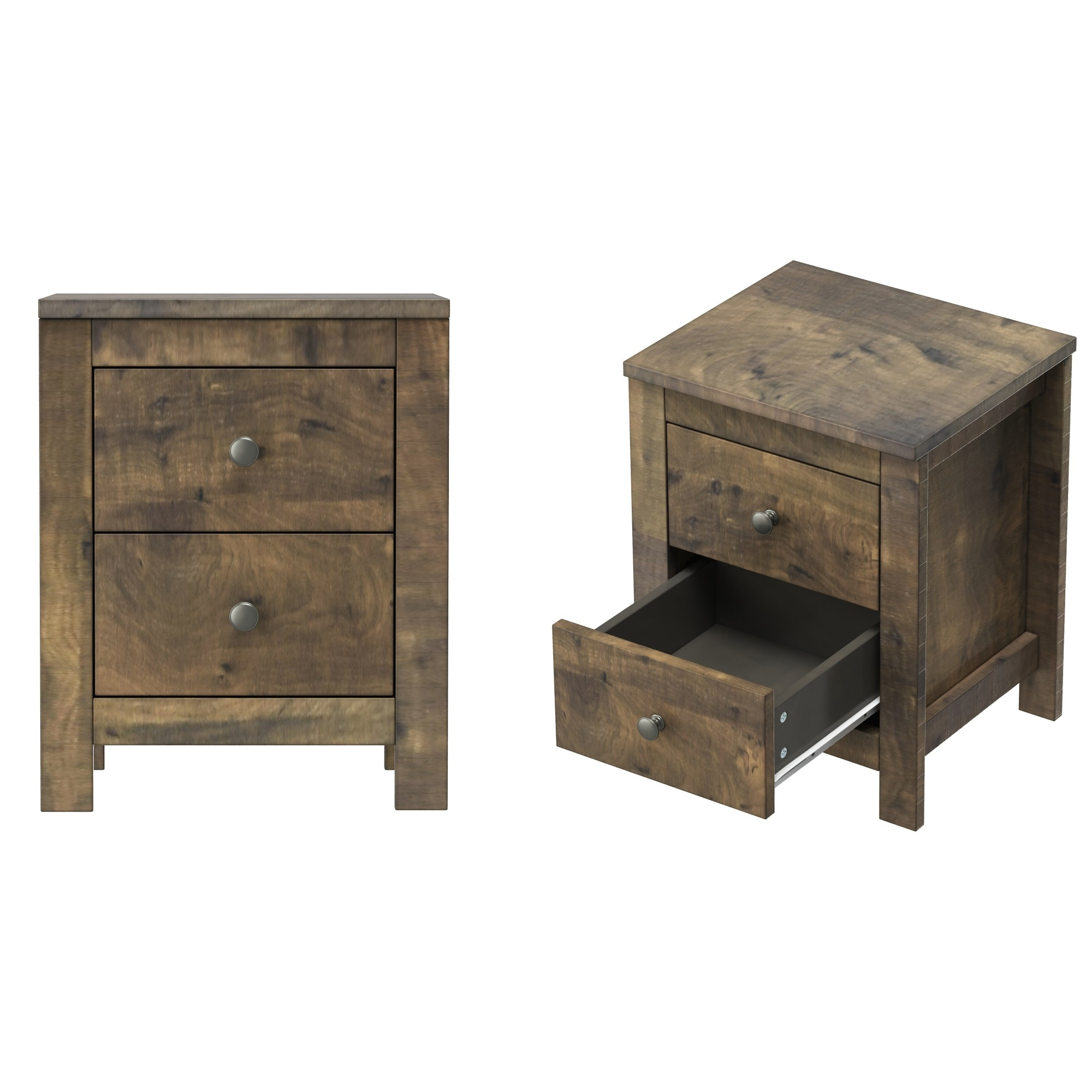 Rustic Walnut Wood Nightstand Set with Two Drawers