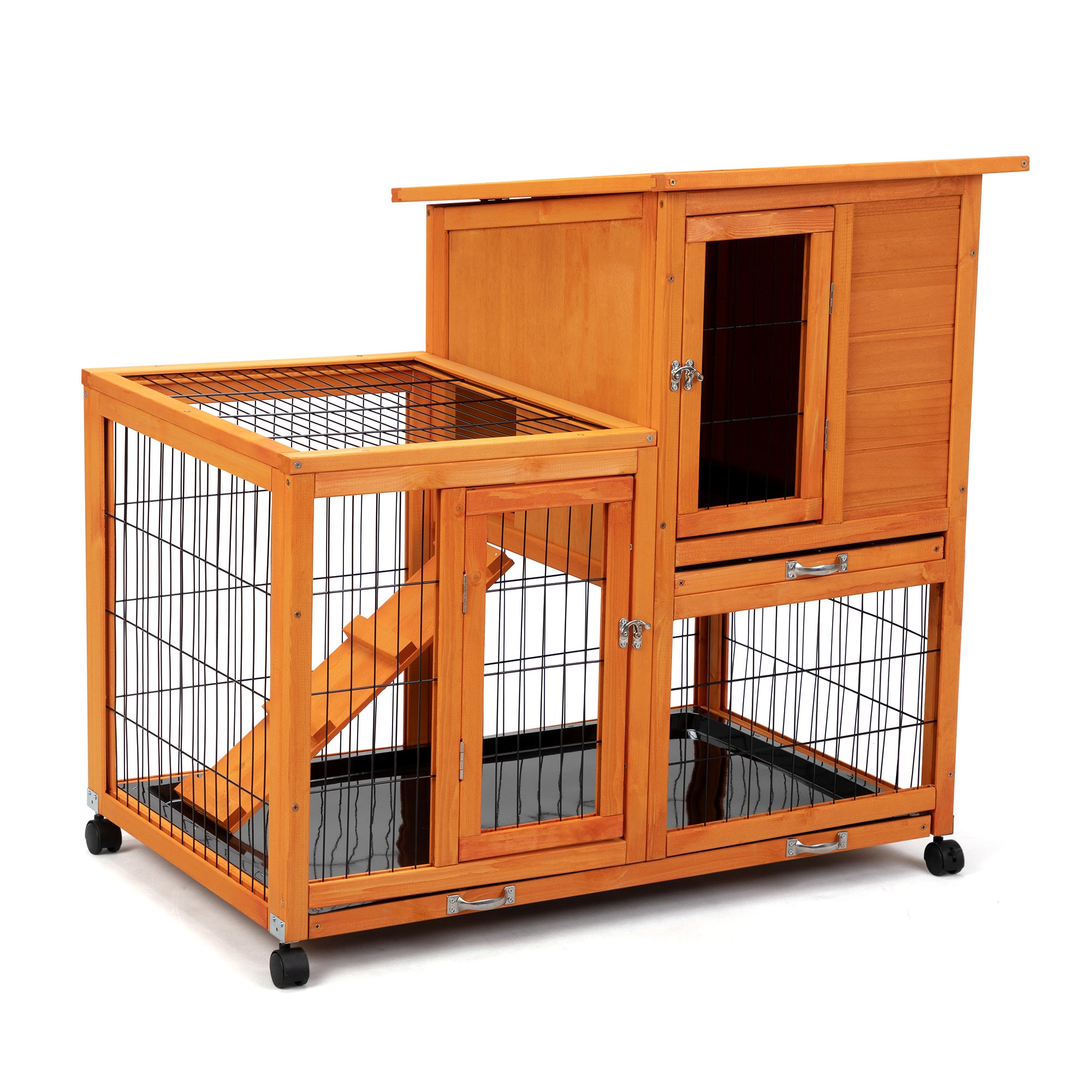 COZIWOW Wooden Rabbit Hutch Hamster Habitat Bunny House Outdoor w/ 4 Casters 2 Cleaning Trays
