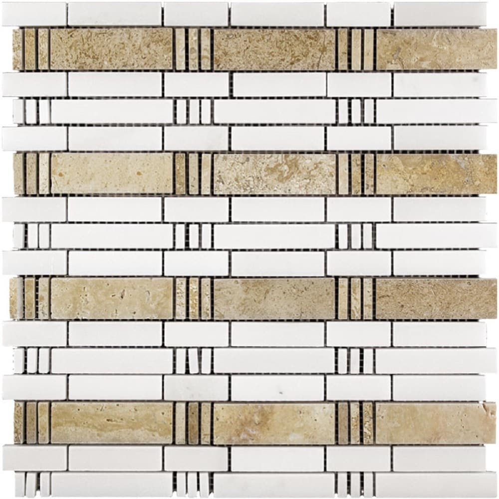 5 pack Beige and White 12 in. x 12 in. Bamboo Polished Marble Mosaic Floor and Wall Tile (5.00 sq. ft./Case)