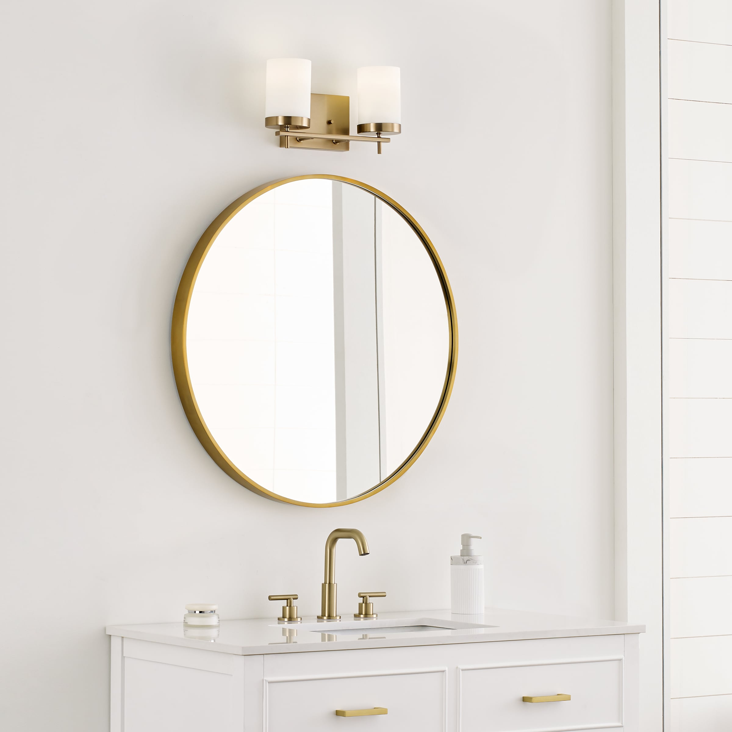 Zire Elegant 2-Light Vanity Fixture in Satin Brass with Etched Glass