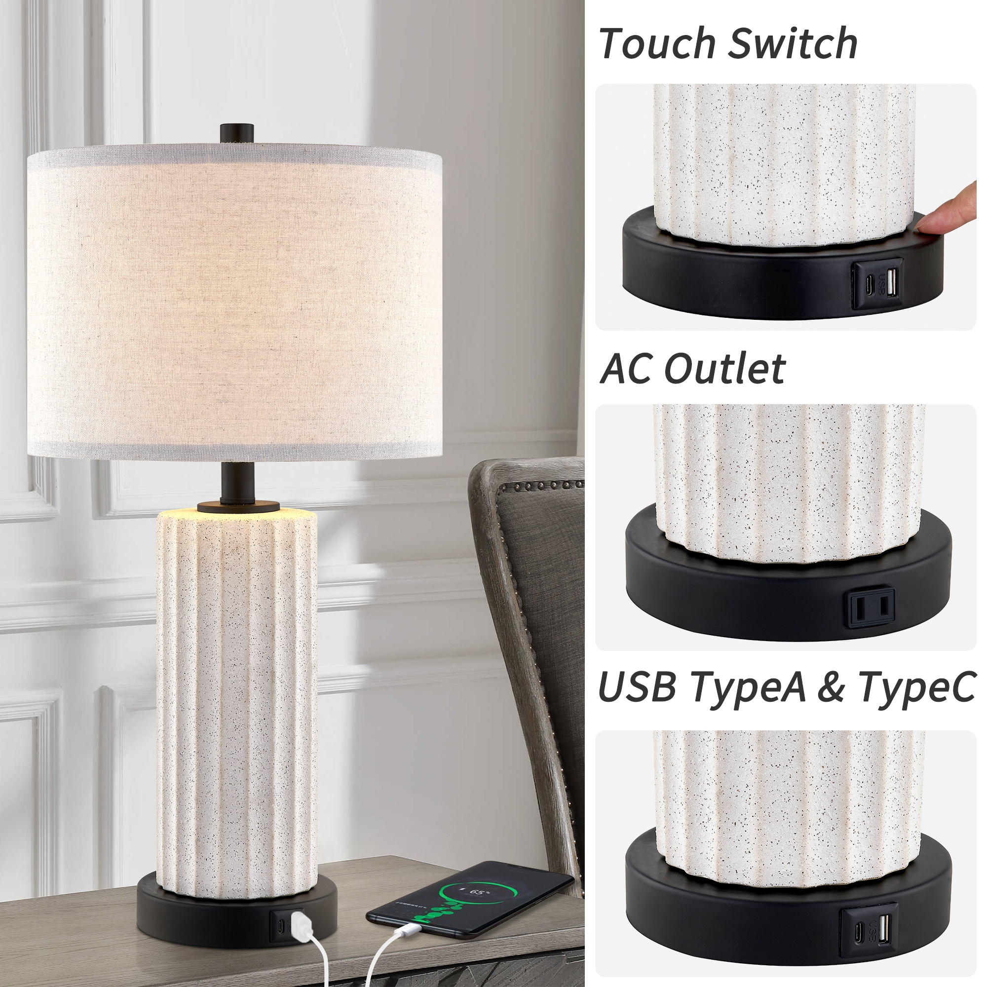 Kyrid 23''Ceramic Table Lamp Set of 2 Touch Control Bedside Lamps with USB Ports and AC Outlets (Bulbs Included)