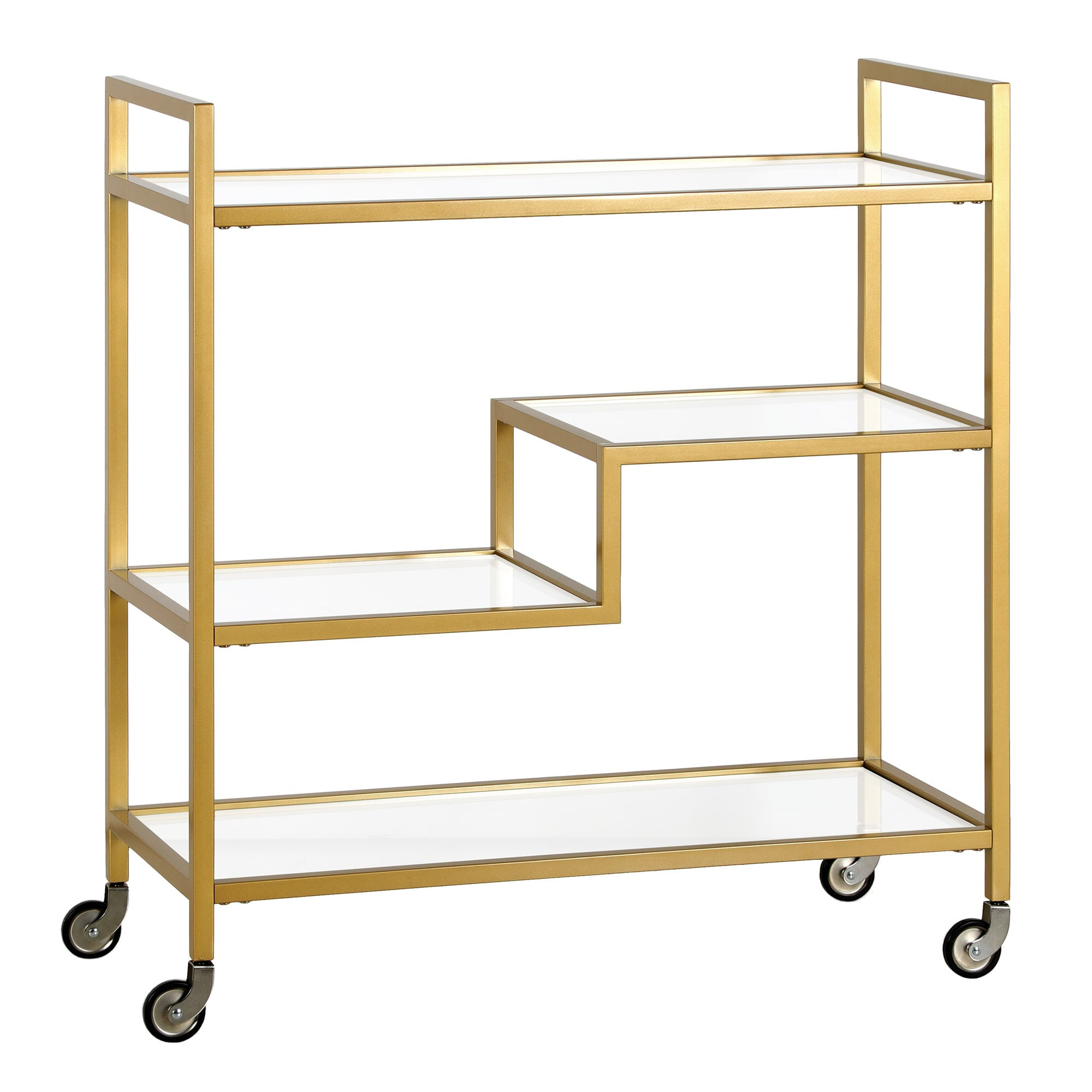 Evelyn&Zoe Lovett 33" Wide Rectangular Bar Cart with Glass Shelves, Brass