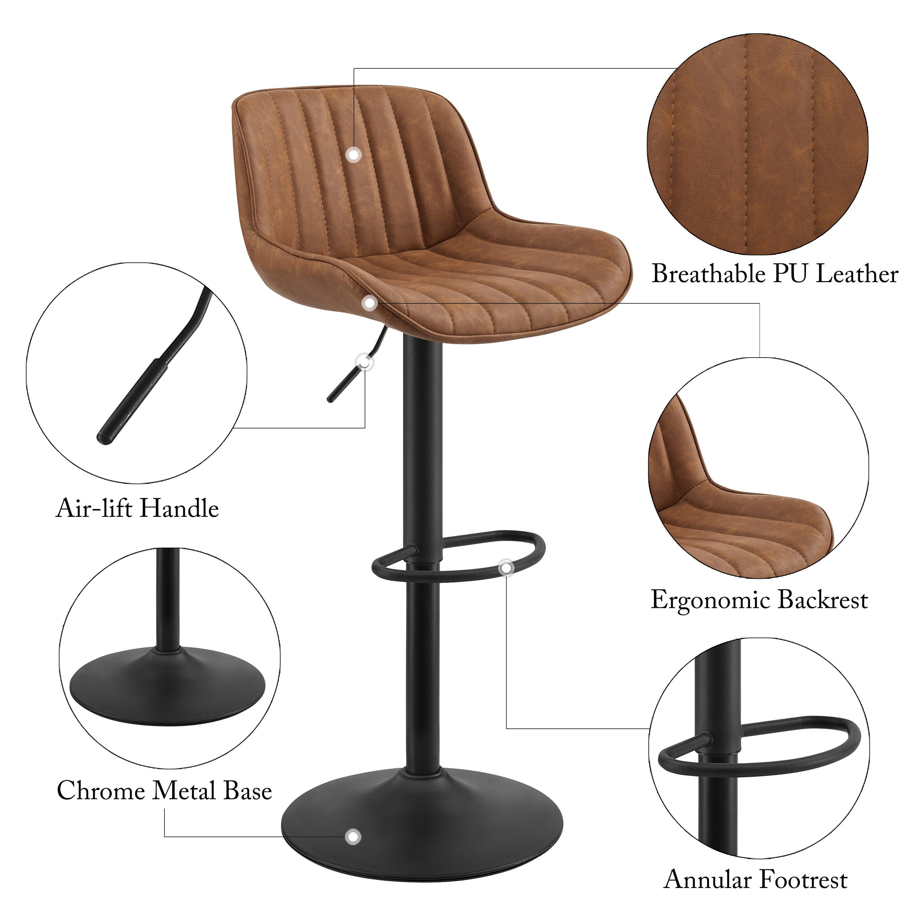 Art Leon Bar Stools Set of 2, PU Leather Swivel Steel Legs,Brown