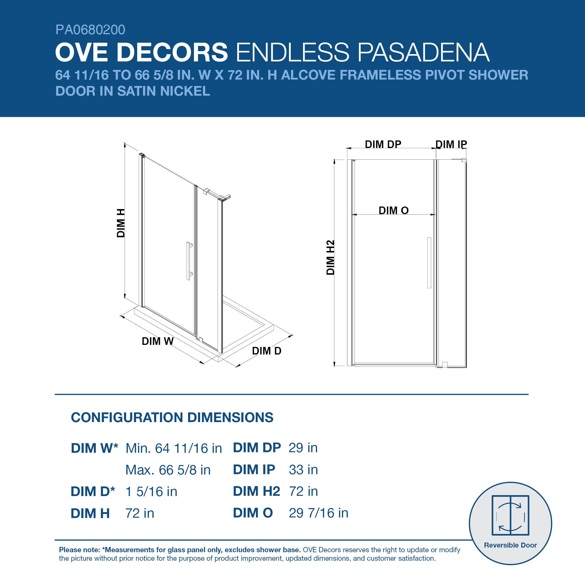 Ove Decors Pasadena 66-5/8 in. W x 72 in. H Alcove Pivot Frameless Shower Door in Nickel