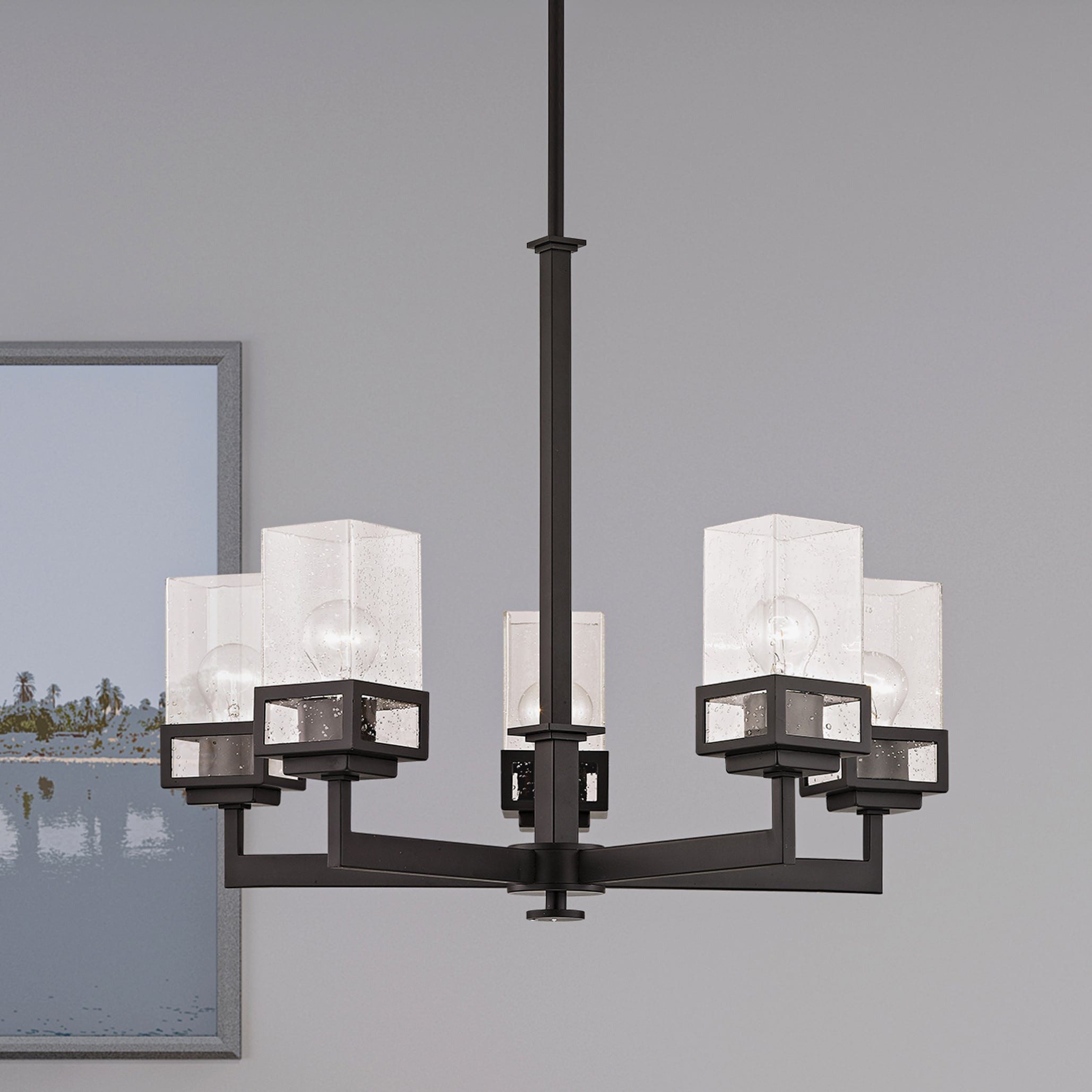 5 Light Bronze Chandelier with Hand Blown Clear Seeded Glass Shade