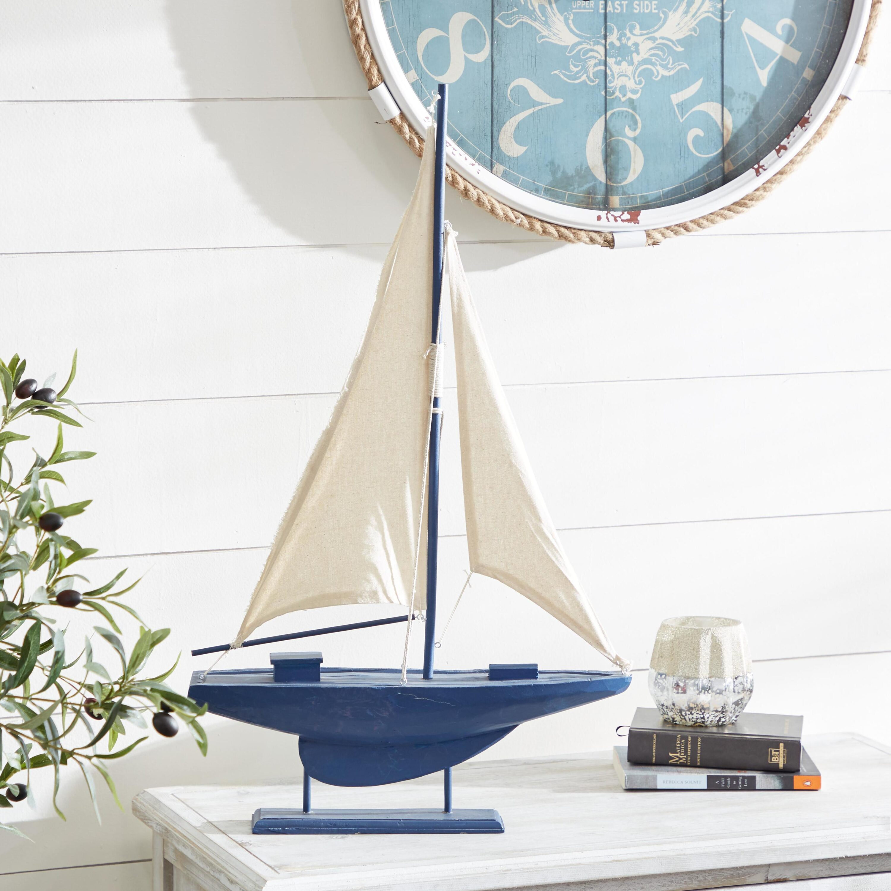17" x 28" Dark Blue Wood Sail Boat Sculpture with Lifelike Rigging, by DecMode