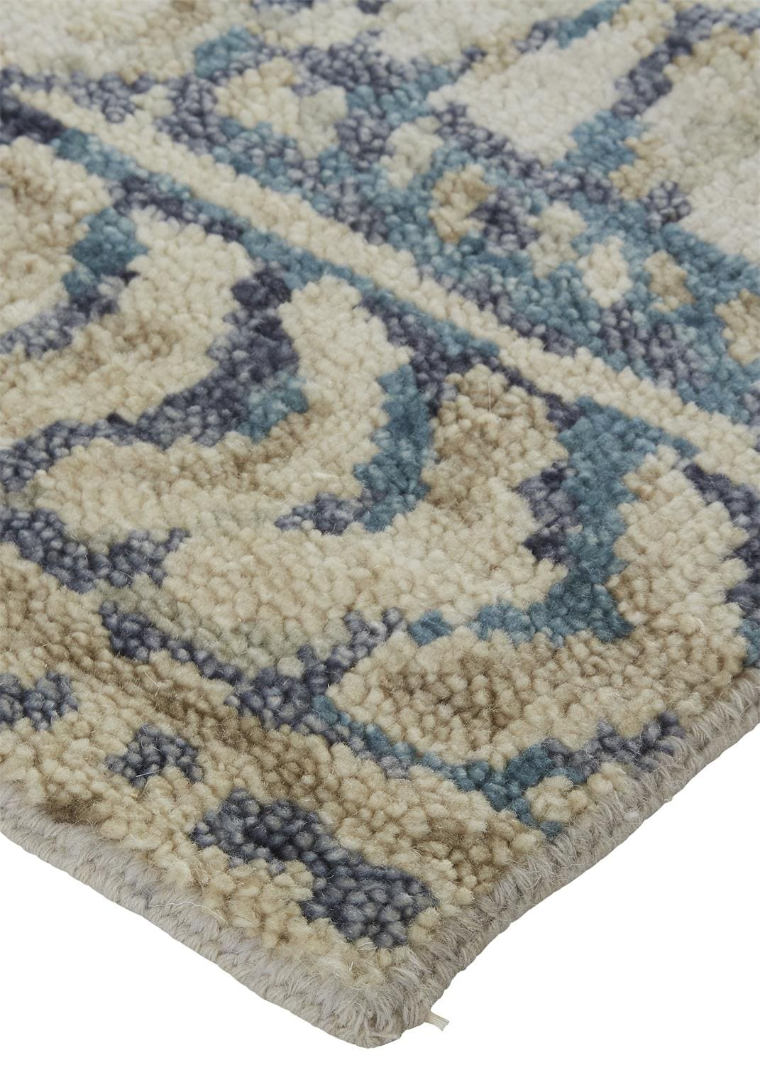 Ivory and Denim Blue Hand-Knotted Wool Abstract Rug