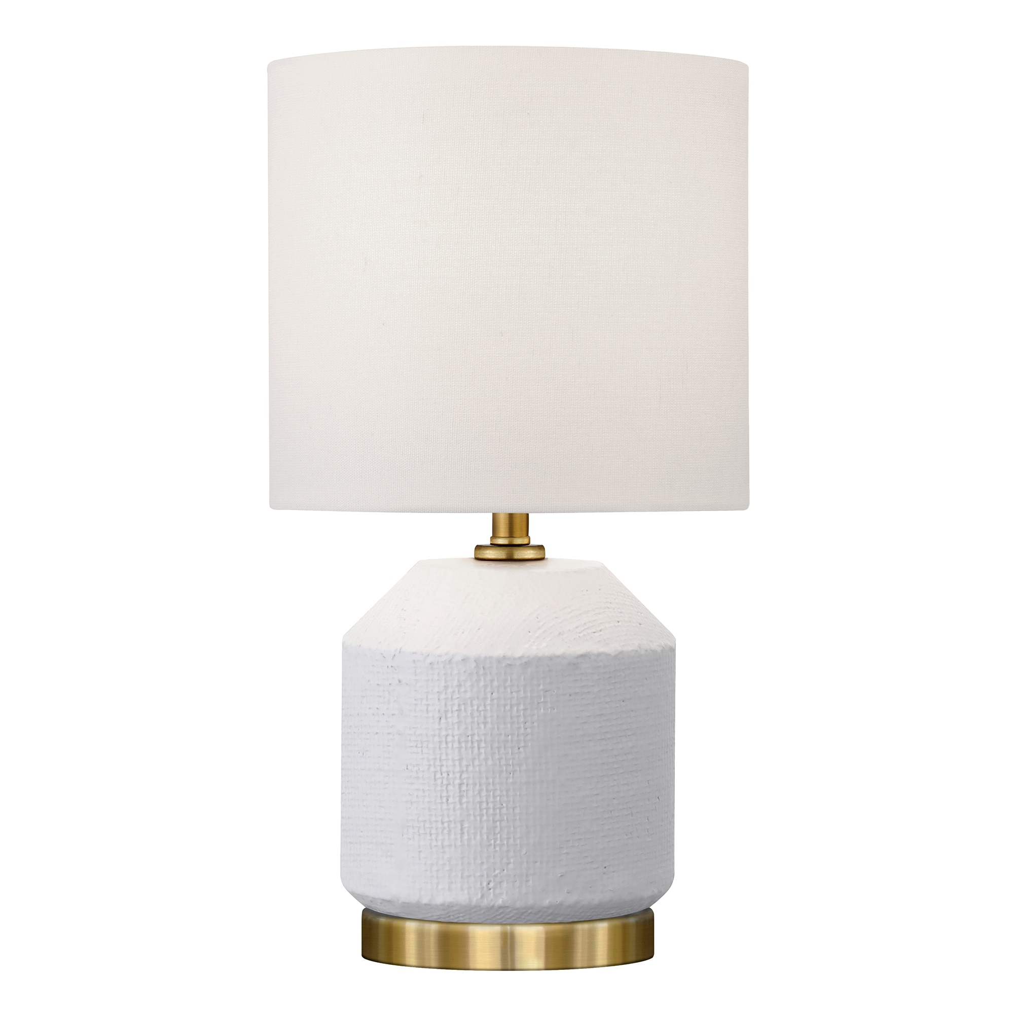 Evelyn&Zoe Esther 15" Tall Textured Ceramic Mini Lamp with Fabric Shade, Matte White/Antique Brass/White
