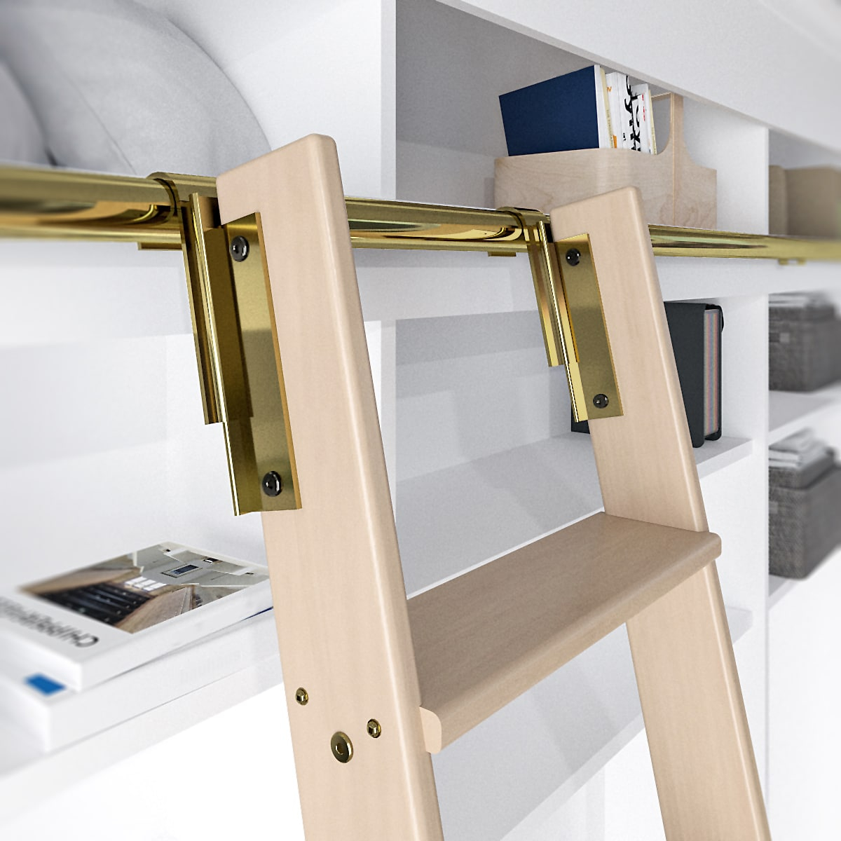 92 in. Clear Finished Red Oak Library Ladder (104 in. Reach) Polished Brass Top Hook Ladder Kit with 12 ft. Rail