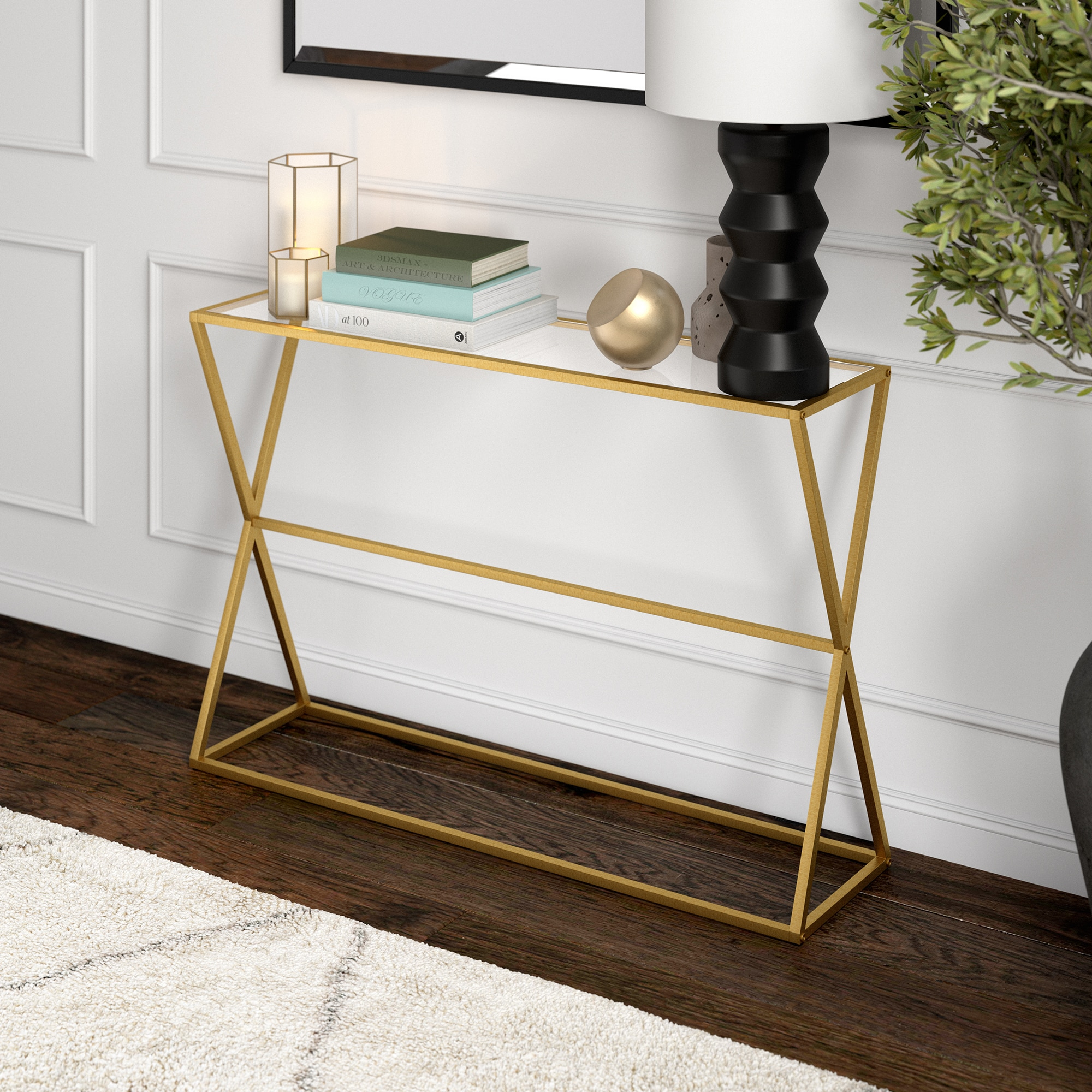 Evelyn&Zoe Sabrina 45" Wide Rectangular Console Table, Brass