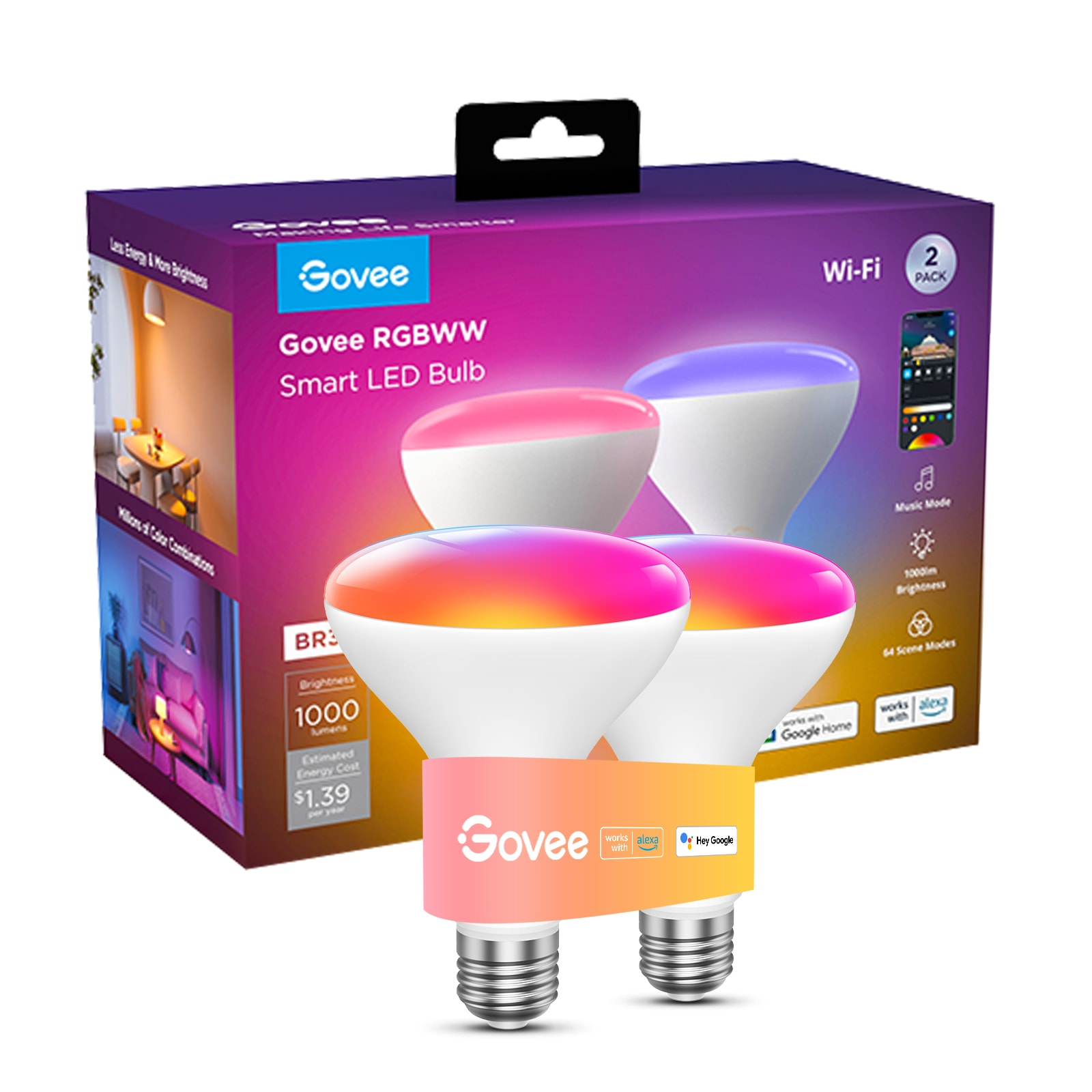 Govee 1000LM RGBWW Smart BR30 LED Light Bulb 2 Packs