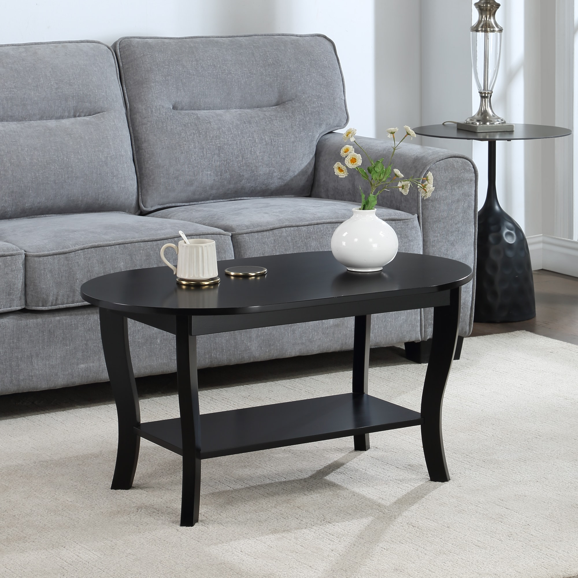 Convenience Concepts Classic Storage Oval Medium Density Fiberboard Coffee Table with Shelf, Black
