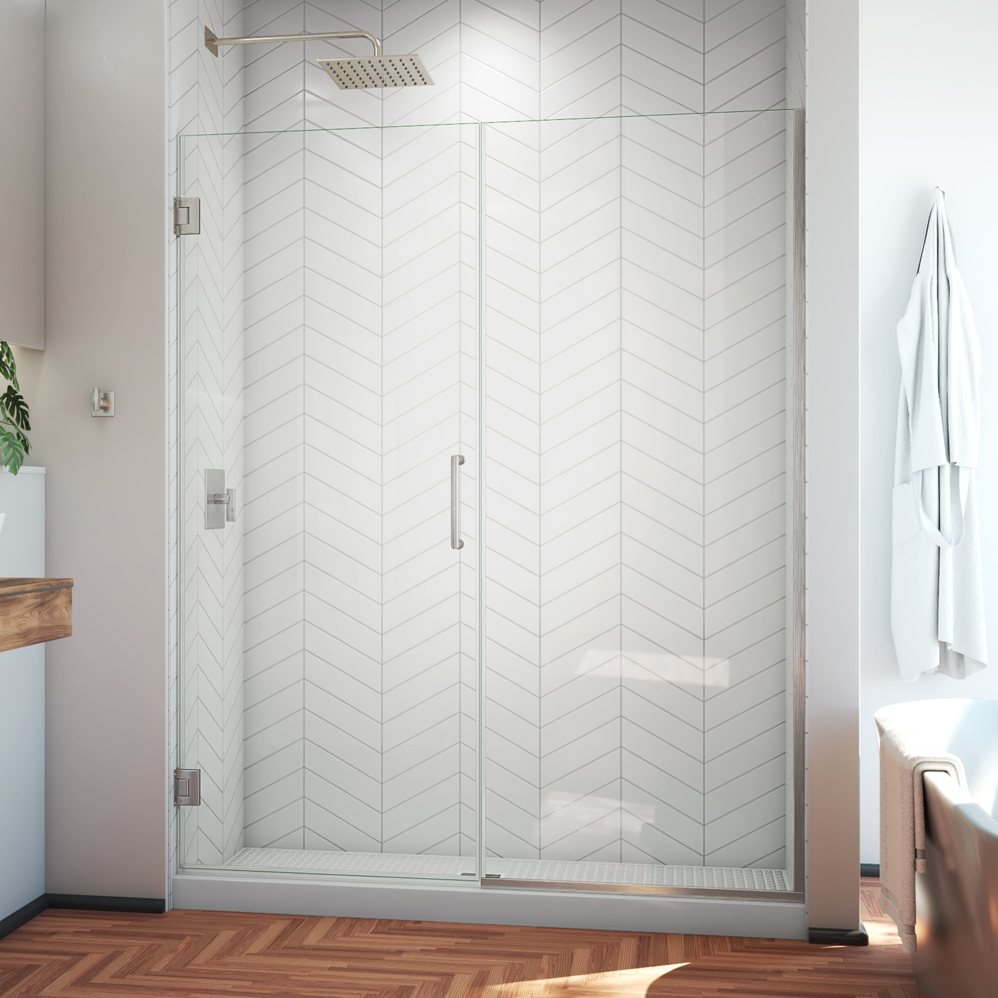 Unidoor Plus Frameless Clear Glass Hinged Shower Door with Black Hardware