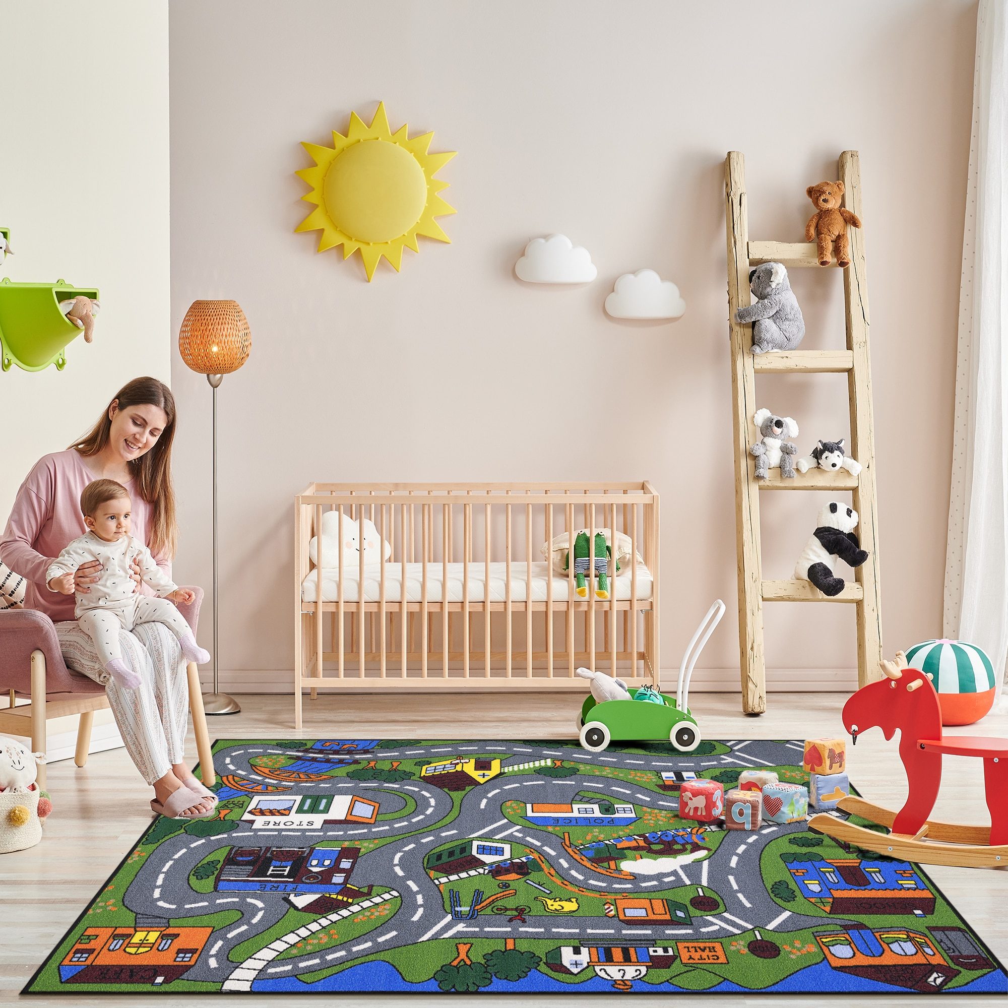 Ottomanson Children Car Road Map 5x7 Washable Non-Slip Area Rug for Kids Playroom, 5' x 6'6", Green/Multicolor