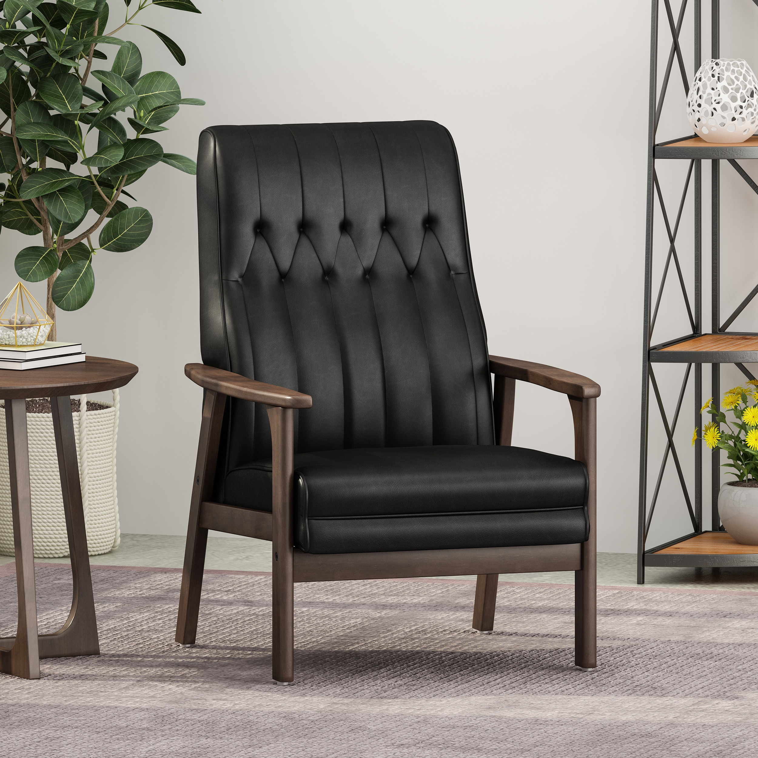 Katharine Mid-Century Modern Accent Chair, Matte Black and Walnut
