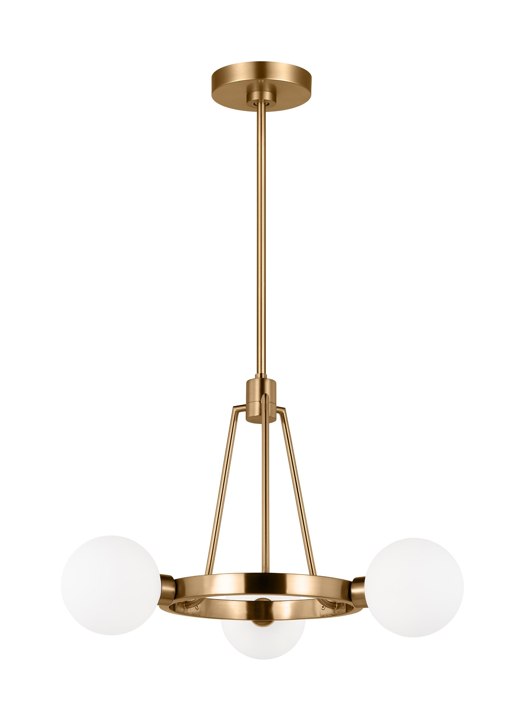 Satin Brass Minimalist 3-Light Chandelier with Milk Glass Shades
