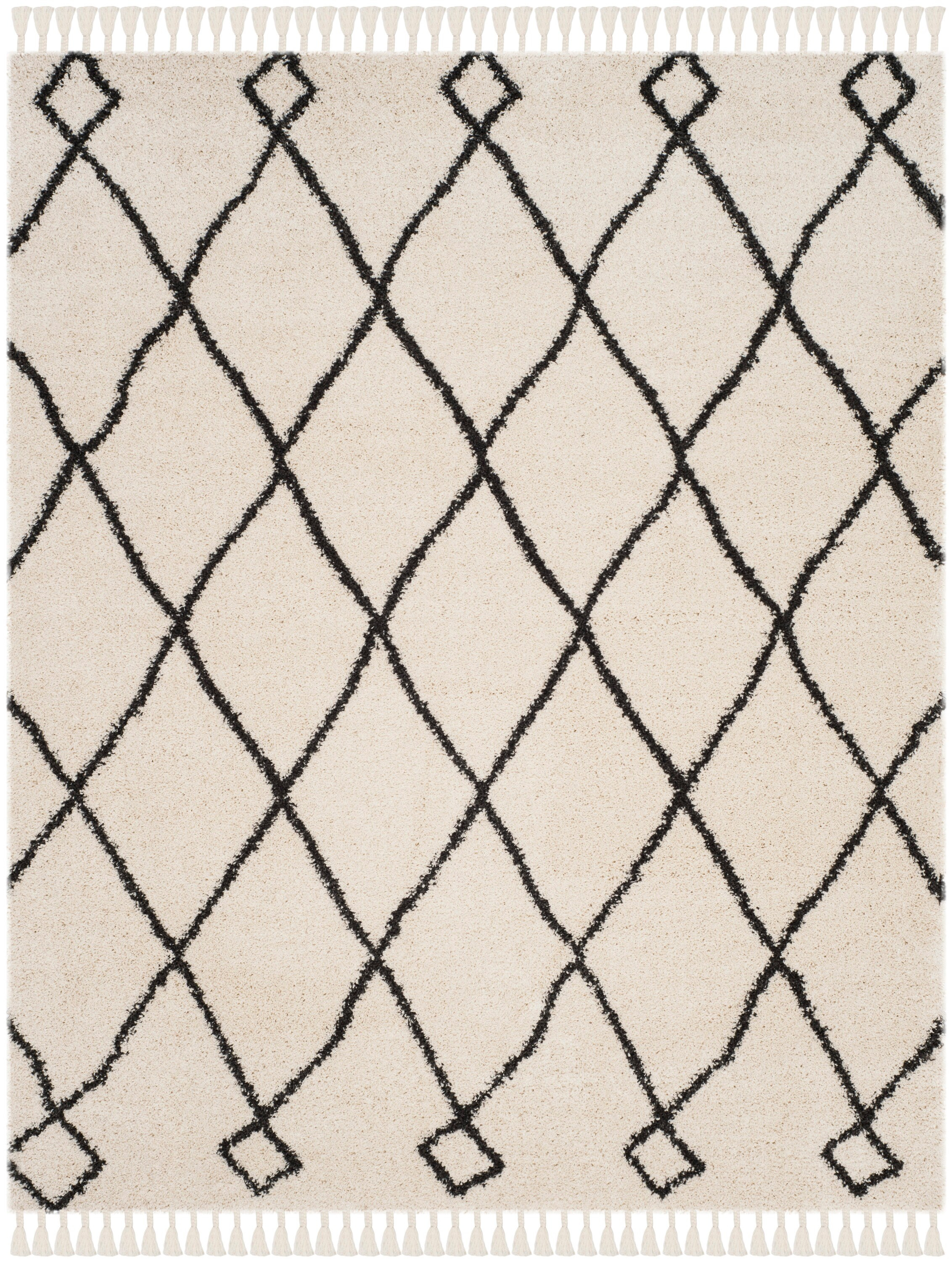 SAFAVIEH Moroccan Fringe Lavern Geometric Shag Area Rug, Cream/Charcoal, 10' x 14'