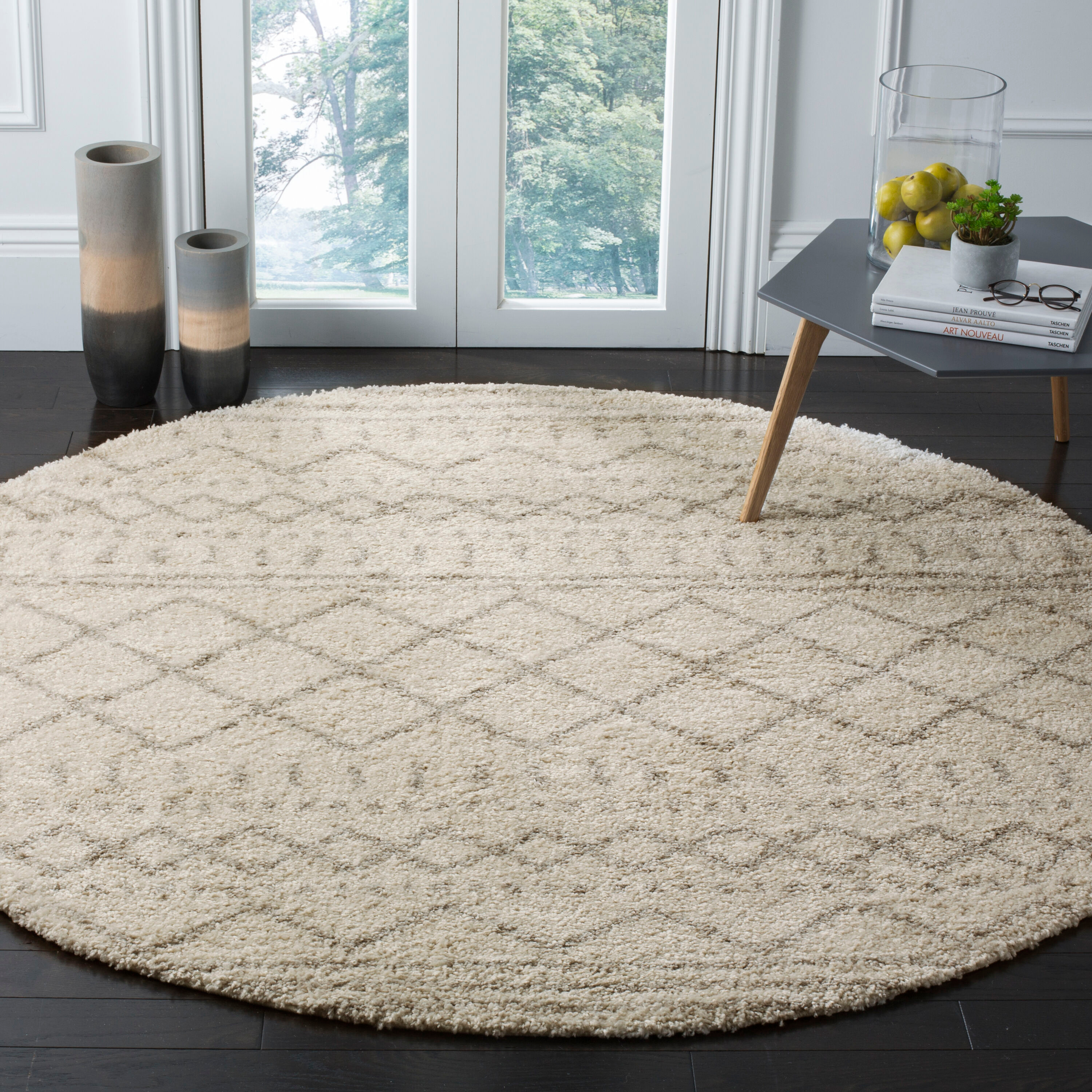 SAFAVIEH Arizona Teagan Geometric Shag Area Rug, Ivory/Beige, 8' x 8' Round
