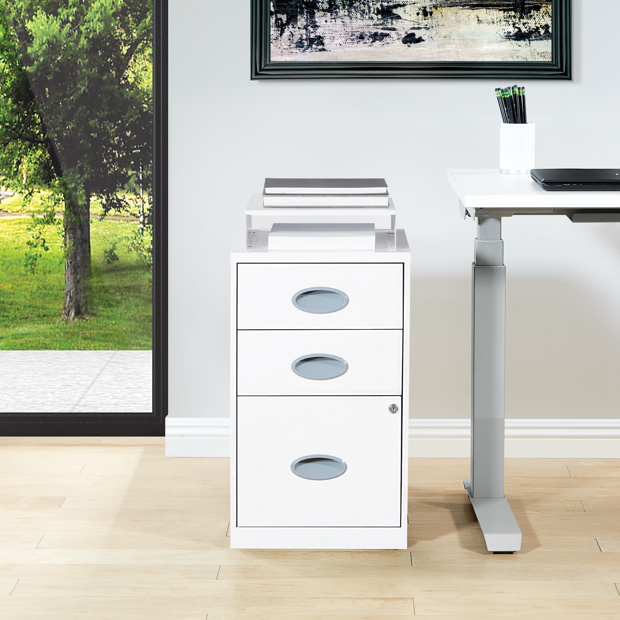 3 Drawer Locking Metal File Cabinet w/ Top Shelf in White