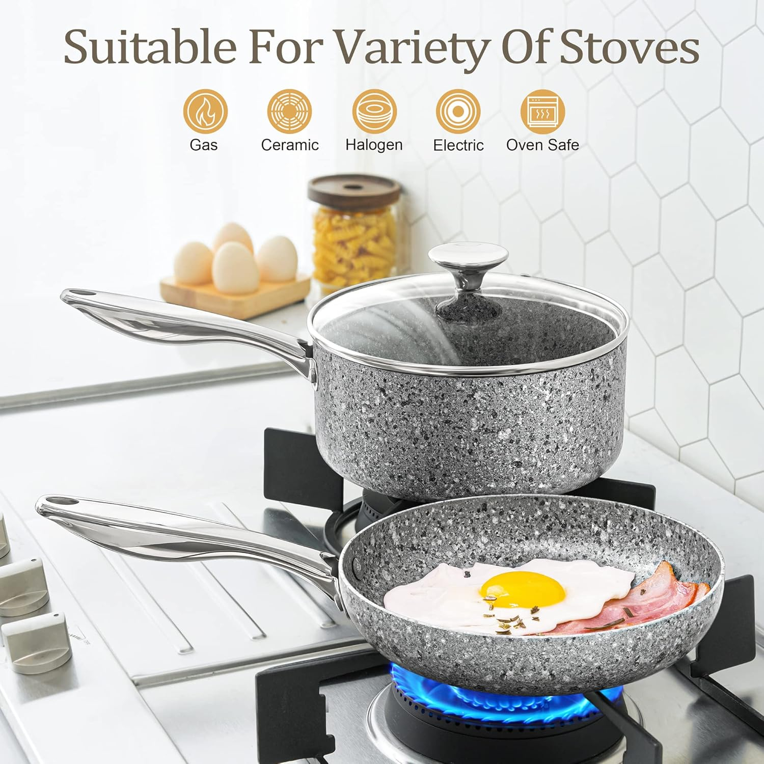 MICHELANGELO Pots and Pans Set 10 Piece, Cookware Set with Granite Coatings for Super Nonstick Result Essential Stone Cookware Sets with Utensil Set, Induction Compatible, PFOA Free
