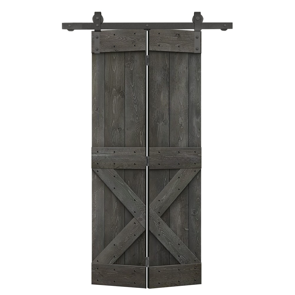 36 in. x 84 in. Mini X Series Carbon Gray Stained DIY Wood Bi-Fold Barn Door with Sliding Hardware Kit