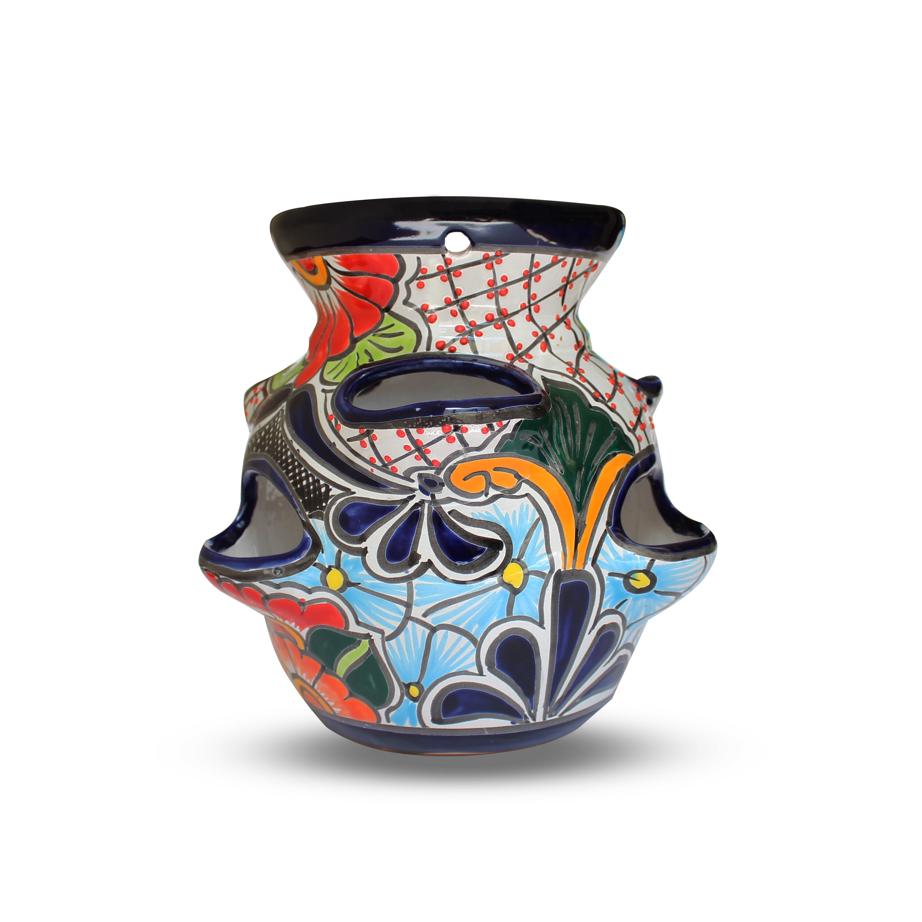Talavera Sky Blue Ceramic Round Flower Planter with Drainage Holes