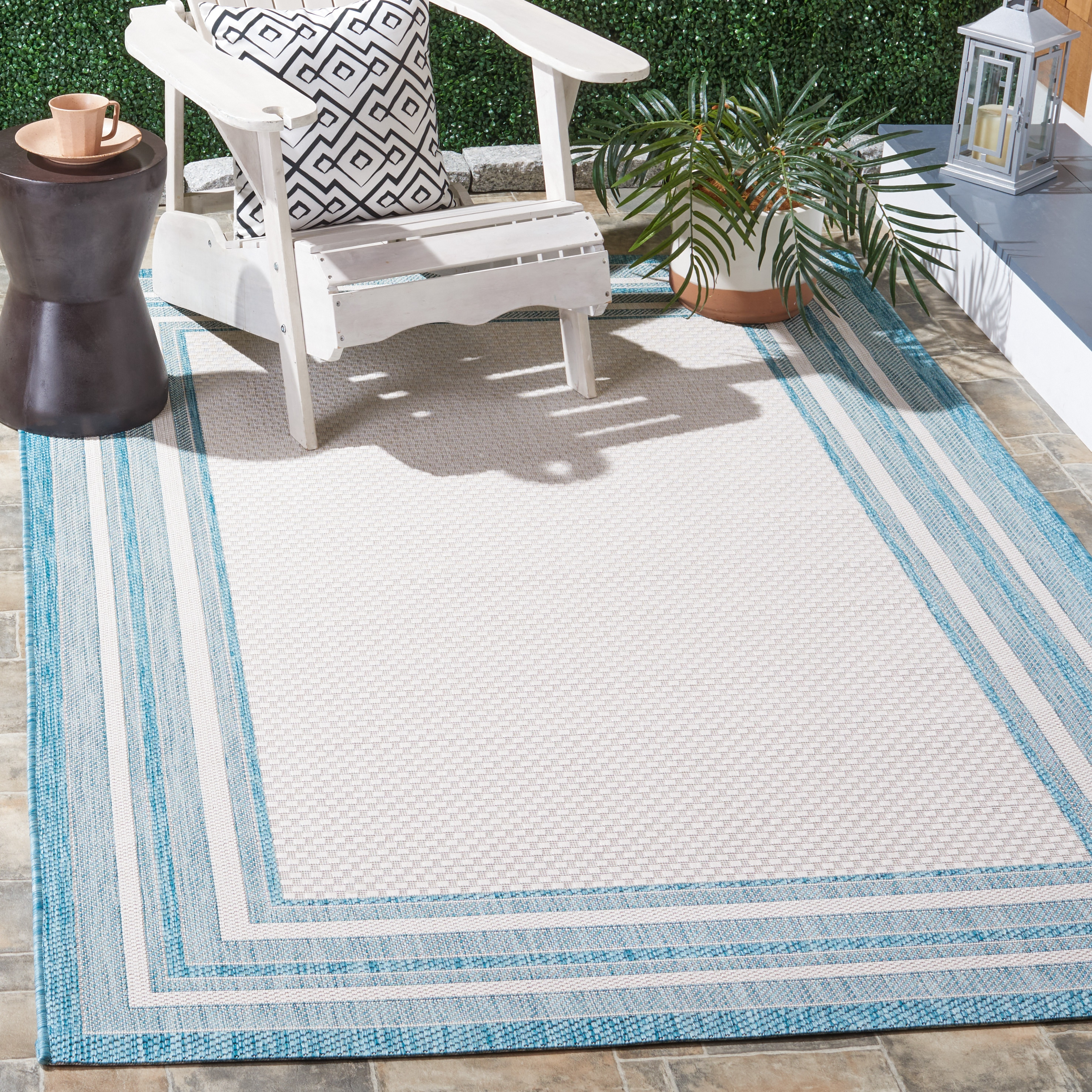 SAFAVIEH Courtyard Ercan Bordered Indoor/Outdoor Area Rug, Ivory/Aqua, 9' x 12'