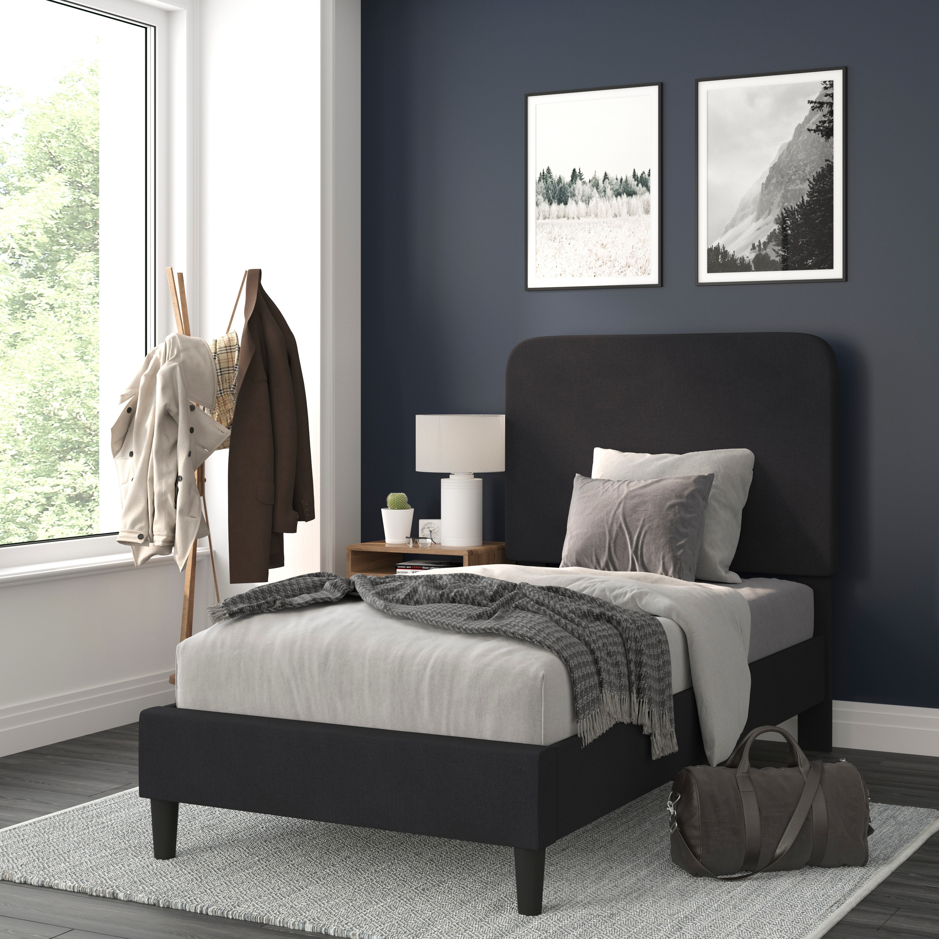 Flash Furniture Addison Charcoal Twin Fabric Upholstered Platform Bed - Headboard with Rounded Edges - No Box Spring or Foundation Needed