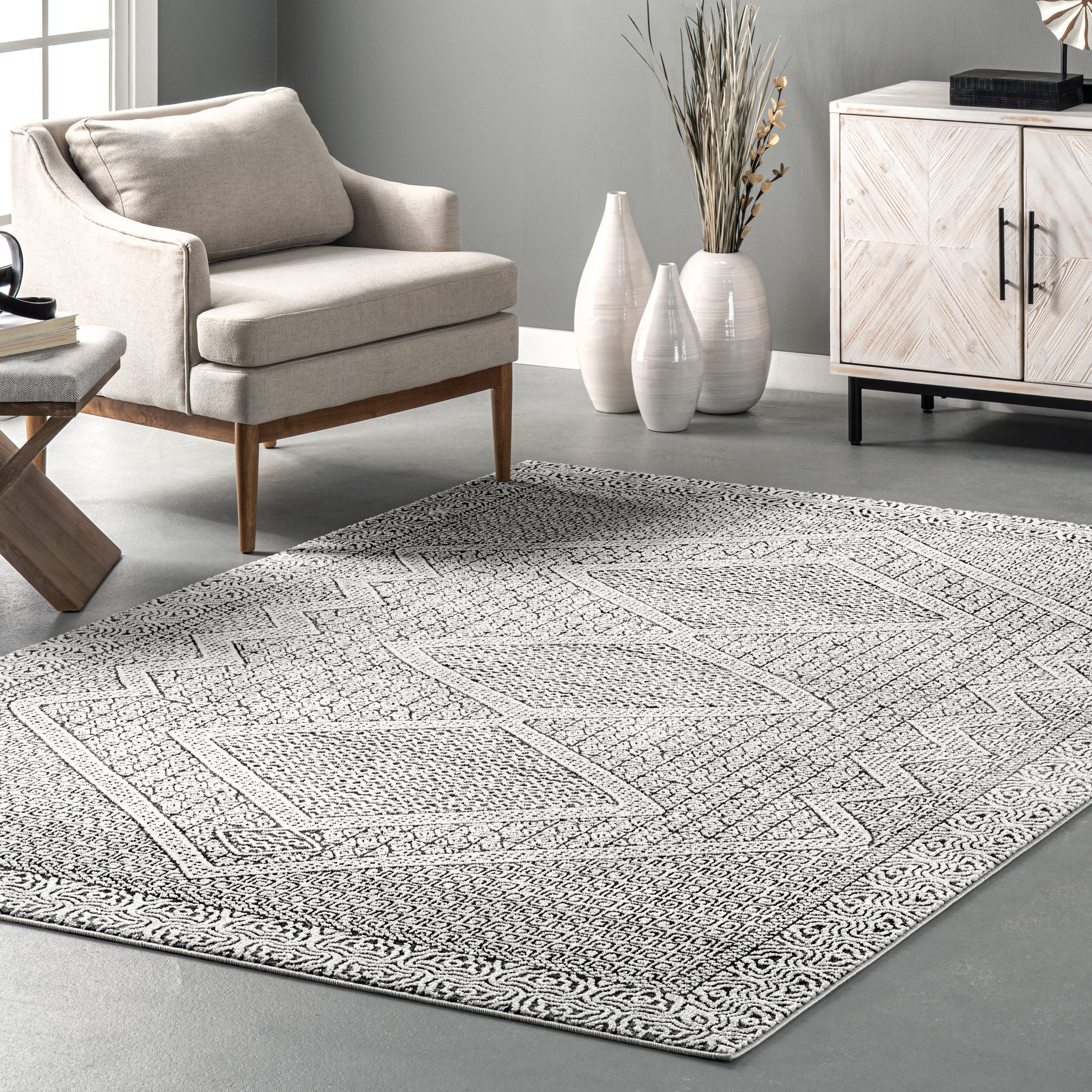 nuLOOM Exie 10 x 14 (ft) Loomed Polypropylene Light Gray Rectangular Indoor Medallion Area rug
